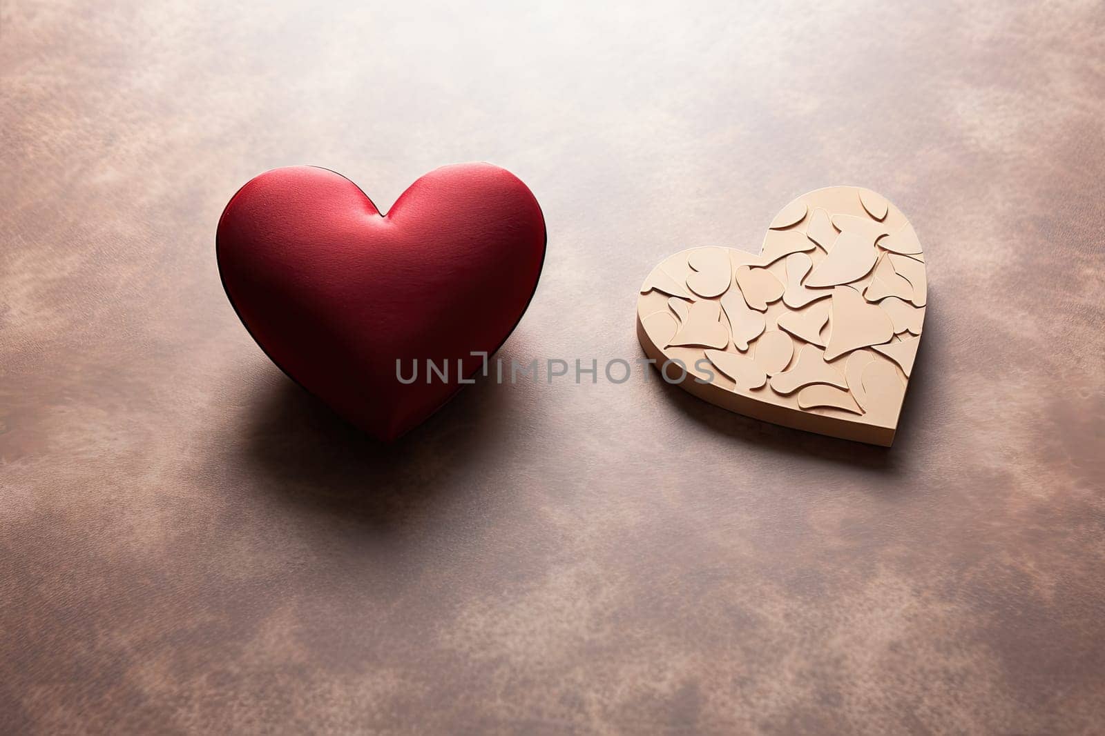 Two heart shaped cookies sitting on top of a table created with generative AI technology by golibtolibov