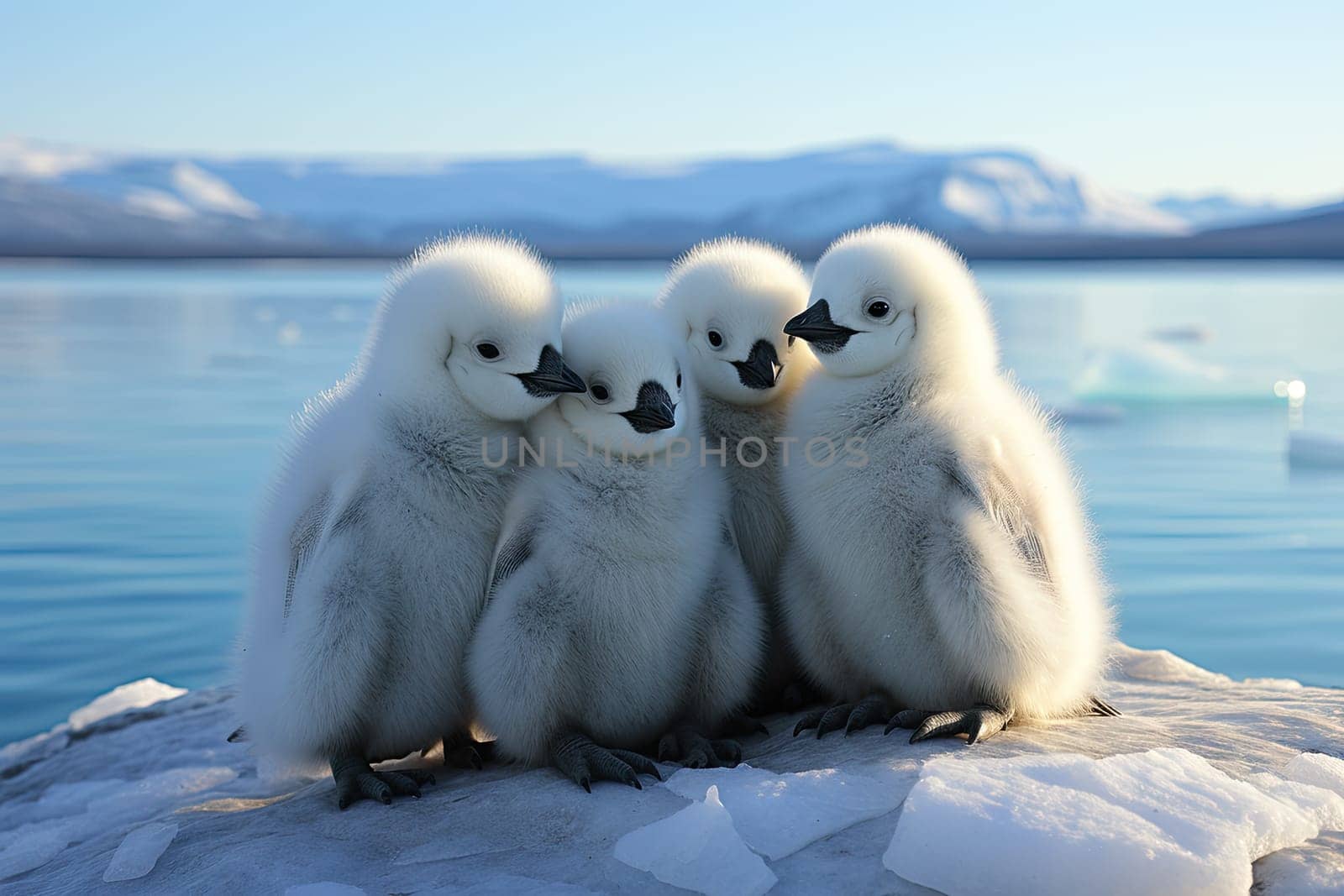 A group of baby birds sitting on top of an iceberg created with generative AI technology by golibtolibov