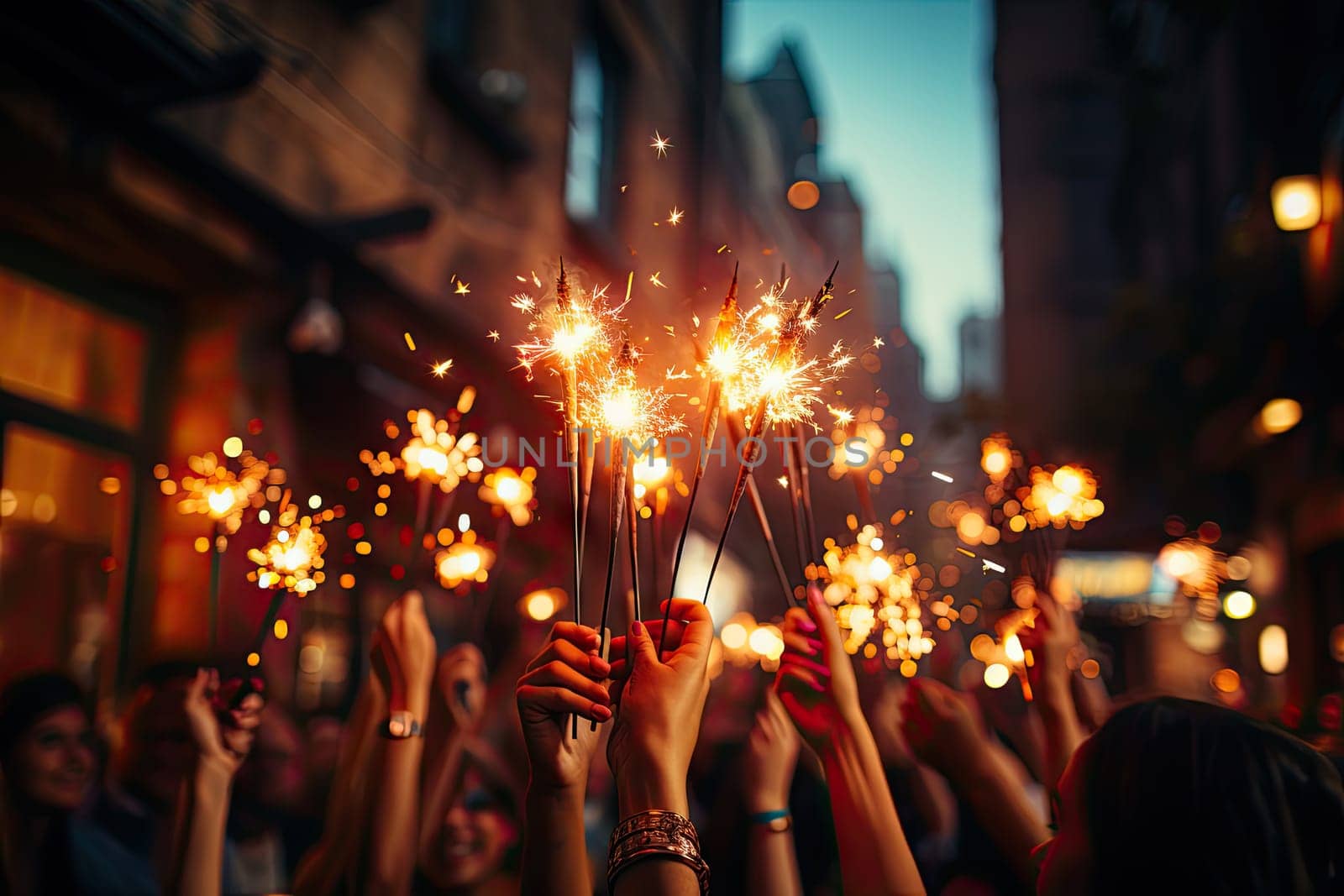 A Joyful Celebration Under the Night Sky with Sparklers Lighting up the Darkness Created With Generative AI Technology