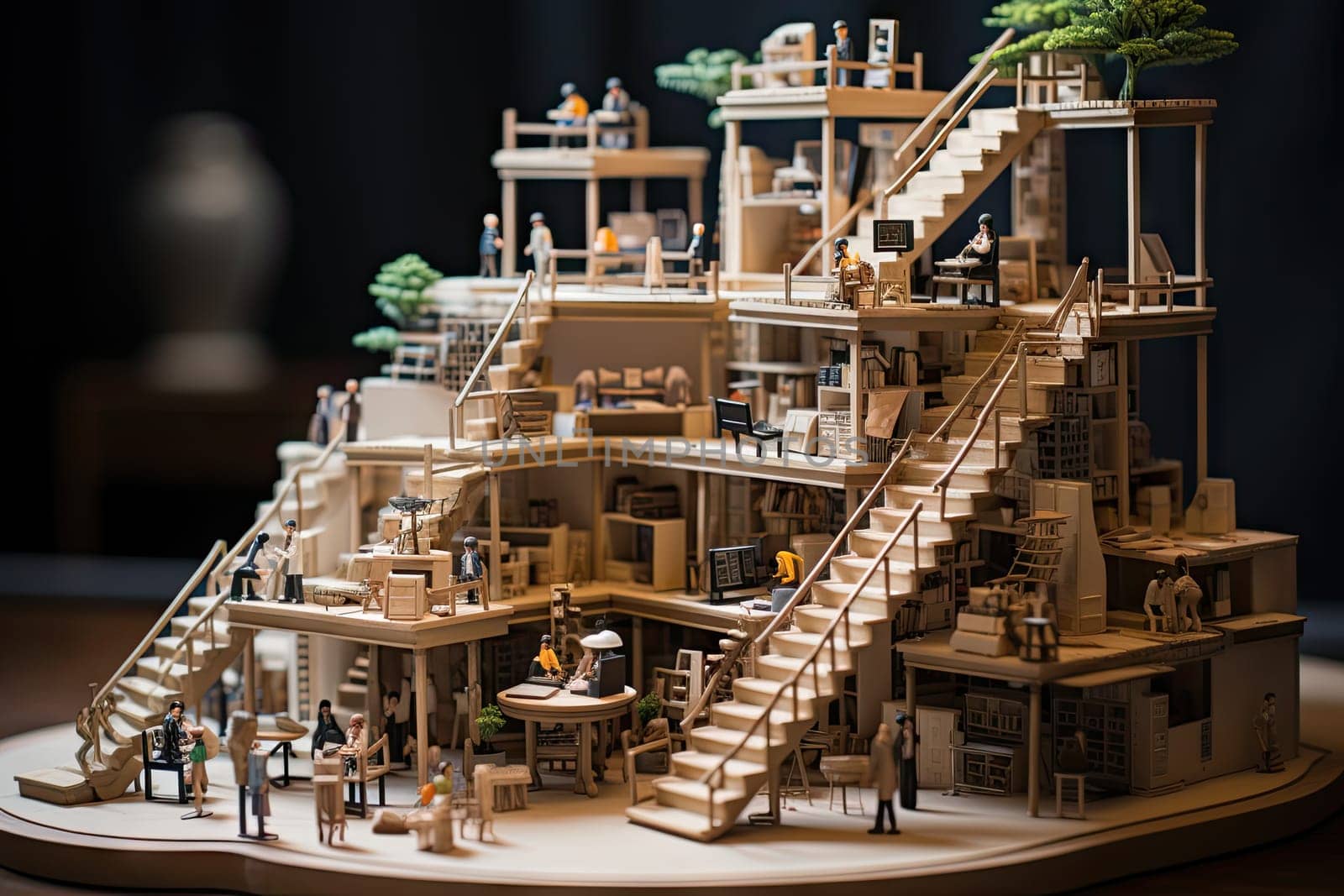 A wooden model of a building with a staircase created with generative AI technology by golibtolibov