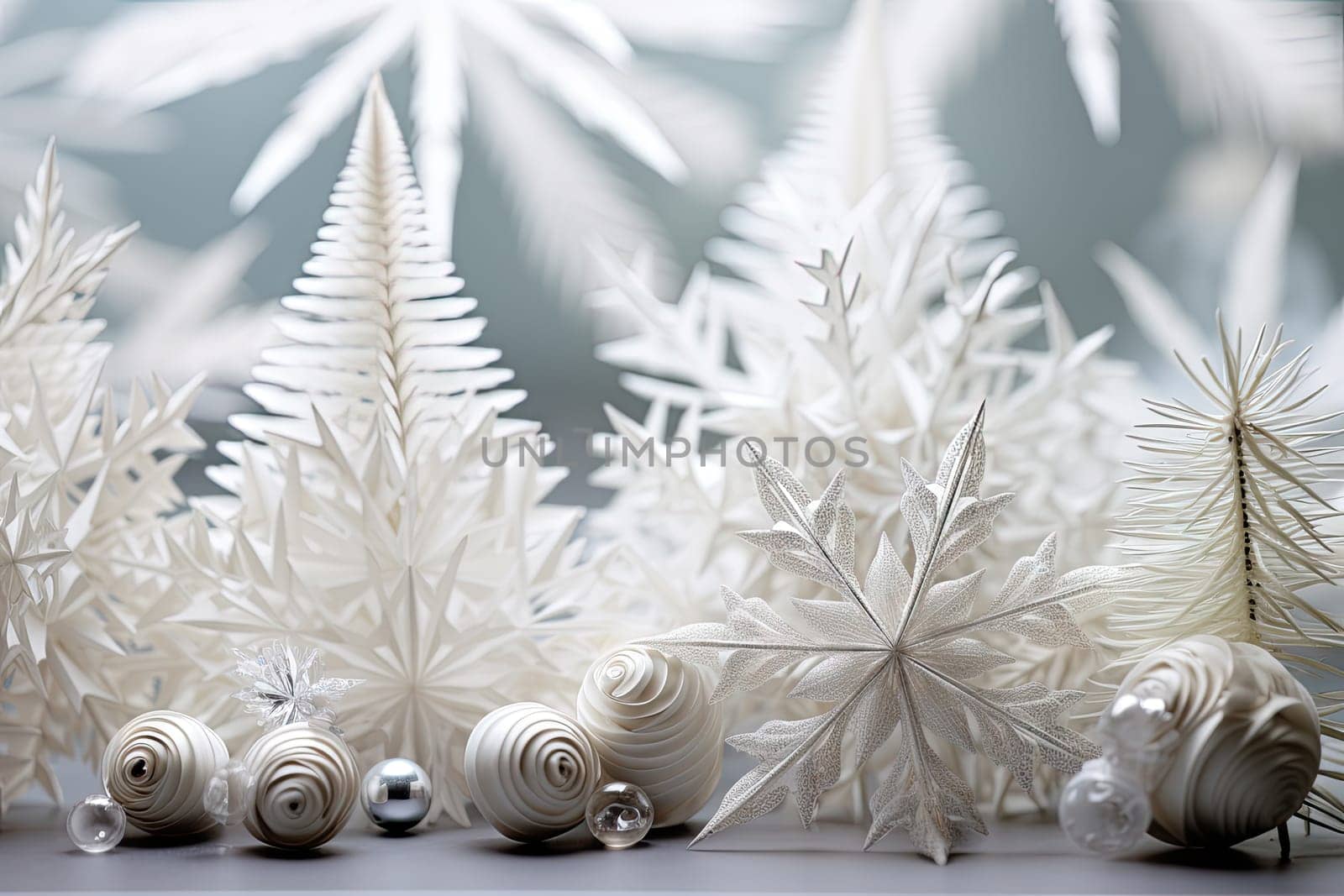 A group of white ornaments sitting on top of a table created with generative AI technology by golibtolibov