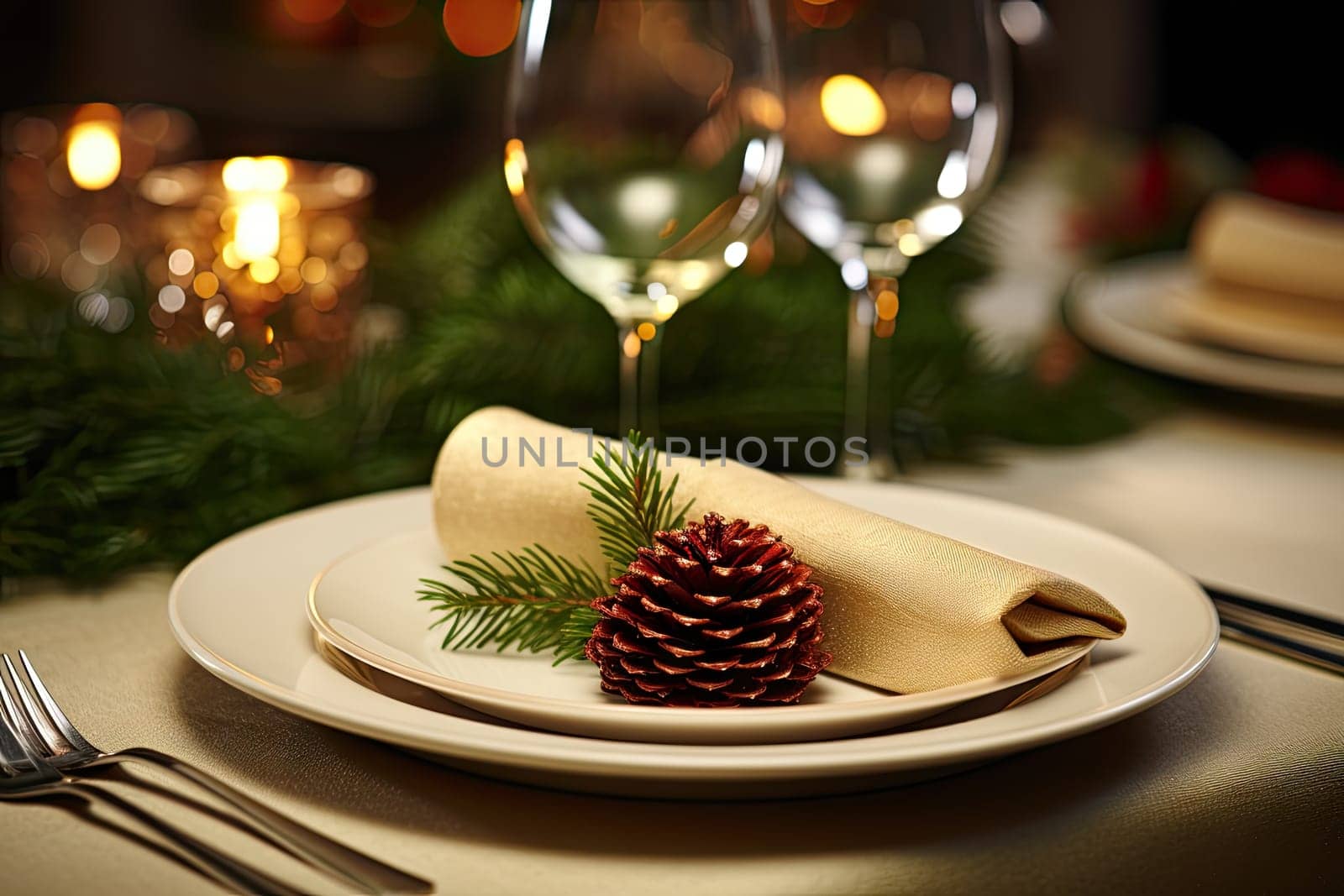 A place setting with a pine cone on a plate created with generative AI technology by golibtolibov