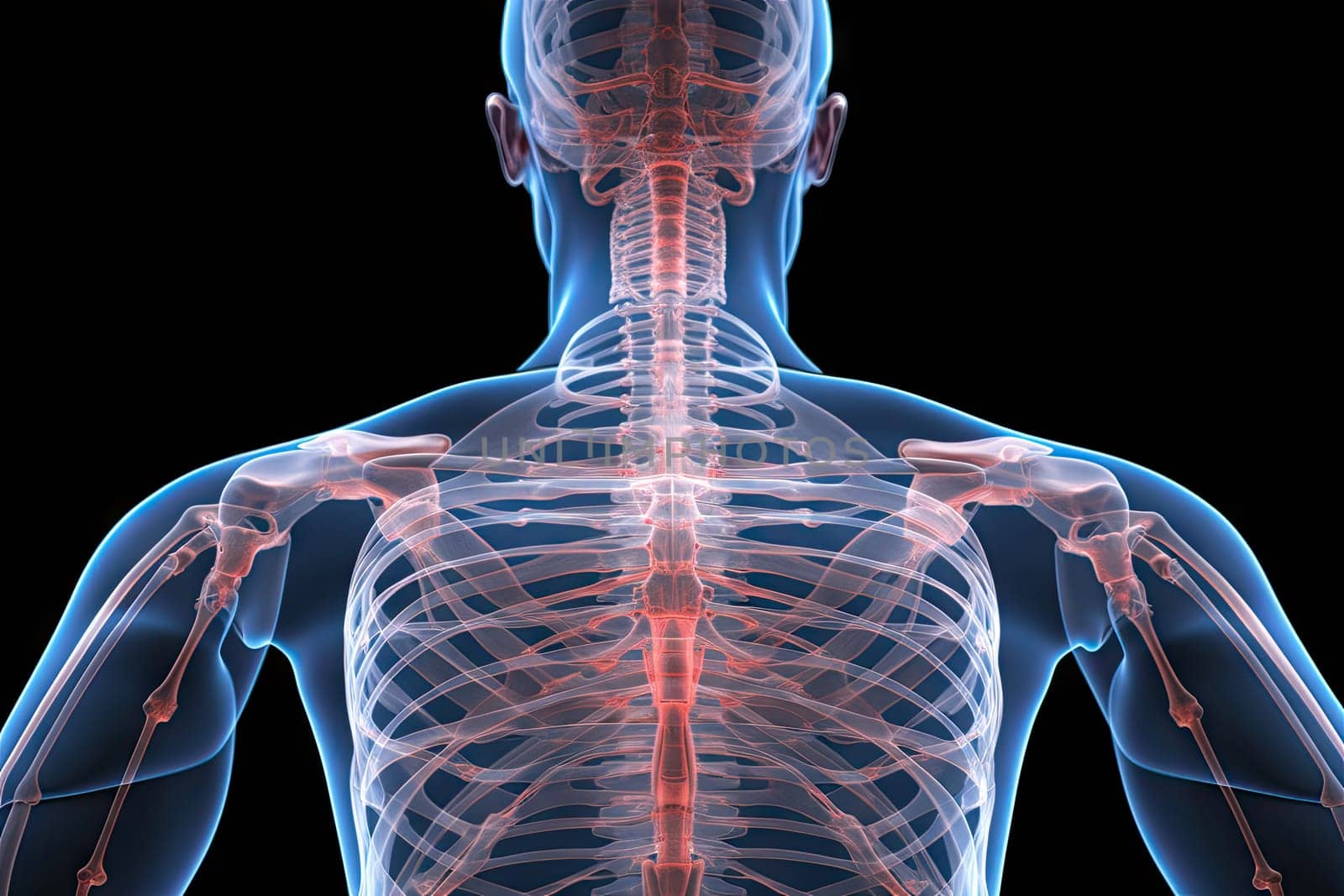 The back of a man's body is shown with the skeleton highlighted created with generative AI technology by golibtolibov