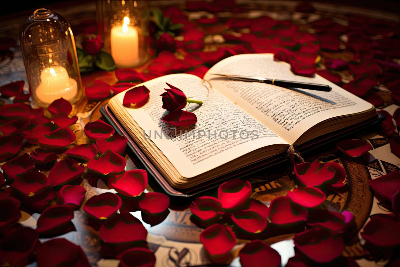 A table topped with a book and two candles created with generative AI technology by golibtolibov