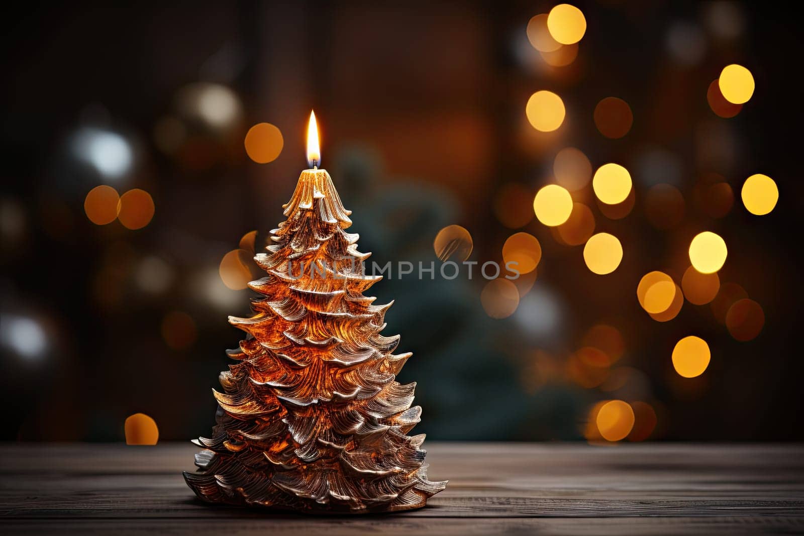 A lit christmas tree sitting on top of a wooden table created with generative AI technology by golibtolibov