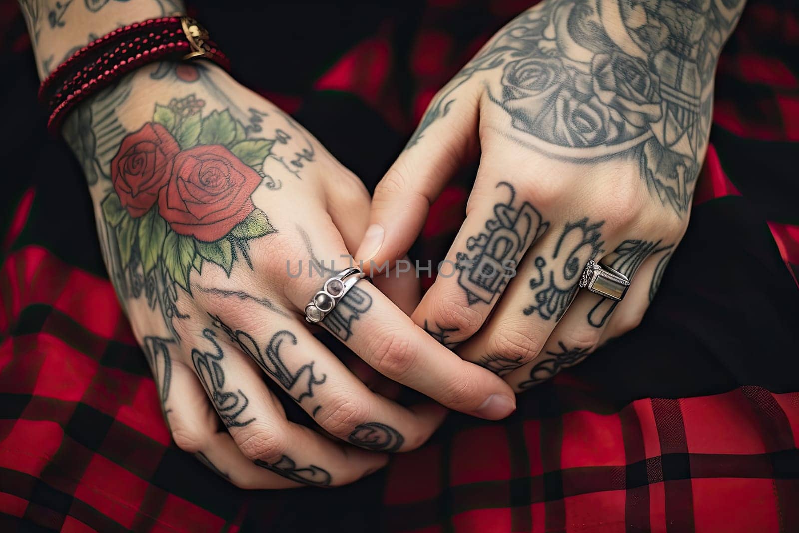 A man with tattoos holding his hands together created with generative AI technology by golibtolibov