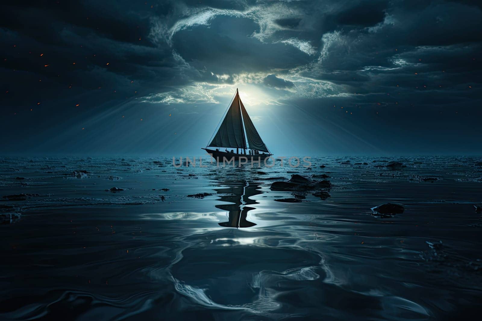 A Serene Journey: A Boat Gracefully Gliding on Calm Waters Beneath a Majestic Cloud-Filled Sky