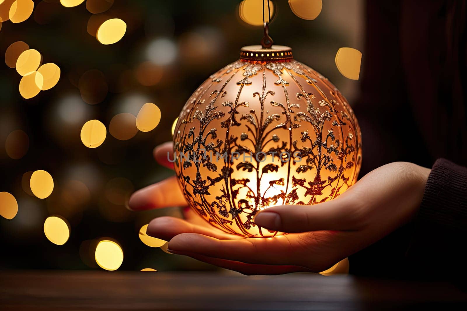 A person holding a lit christmas ornament in their hands created with generative AI technology by golibtolibov