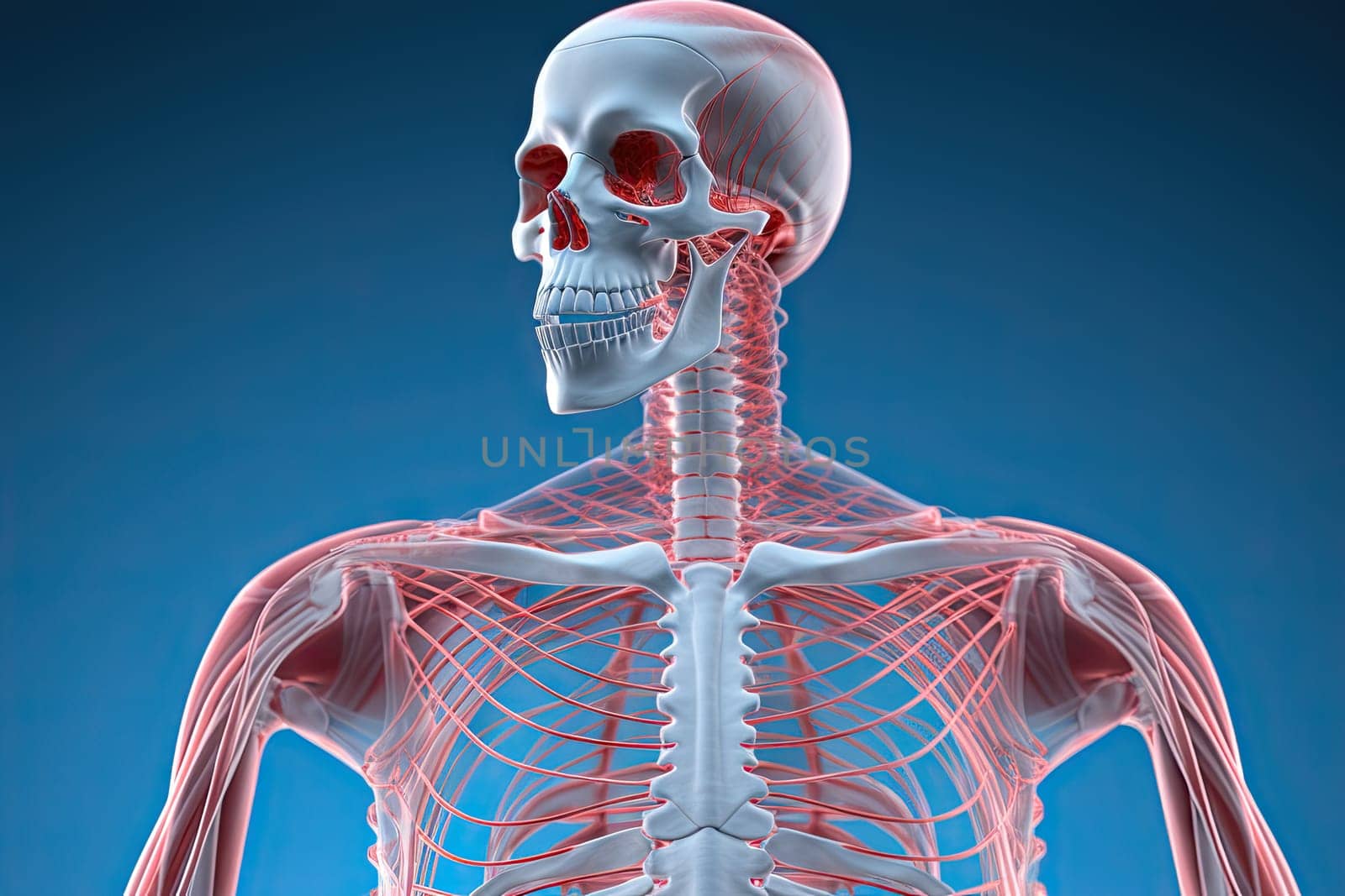 A human skeleton is shown with muscles highlighted created with generative AI technology by golibtolibov