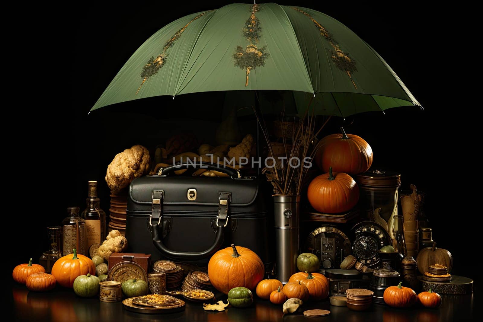 A Cozy Getaway: A Suitcase Finding Shelter Under a Vibrant Green Umbrella, Surrounded by Miscellaneous Objects