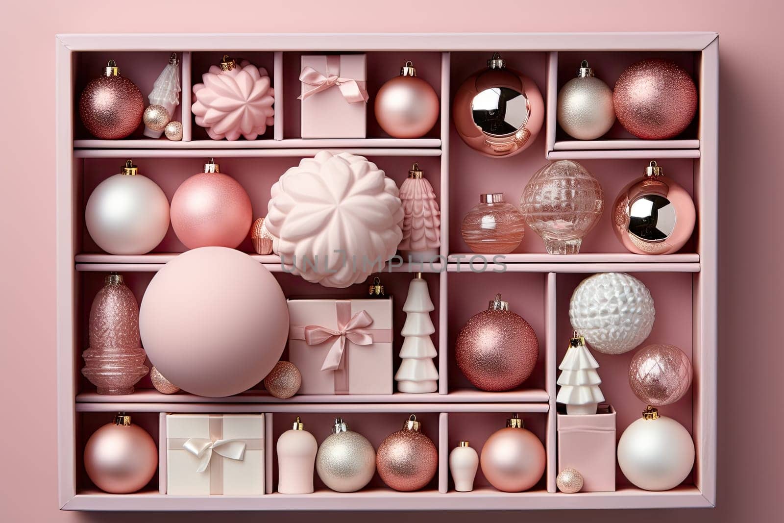 A Festive Pink Shelf Overflowing With a Variety of Christmas Ornaments