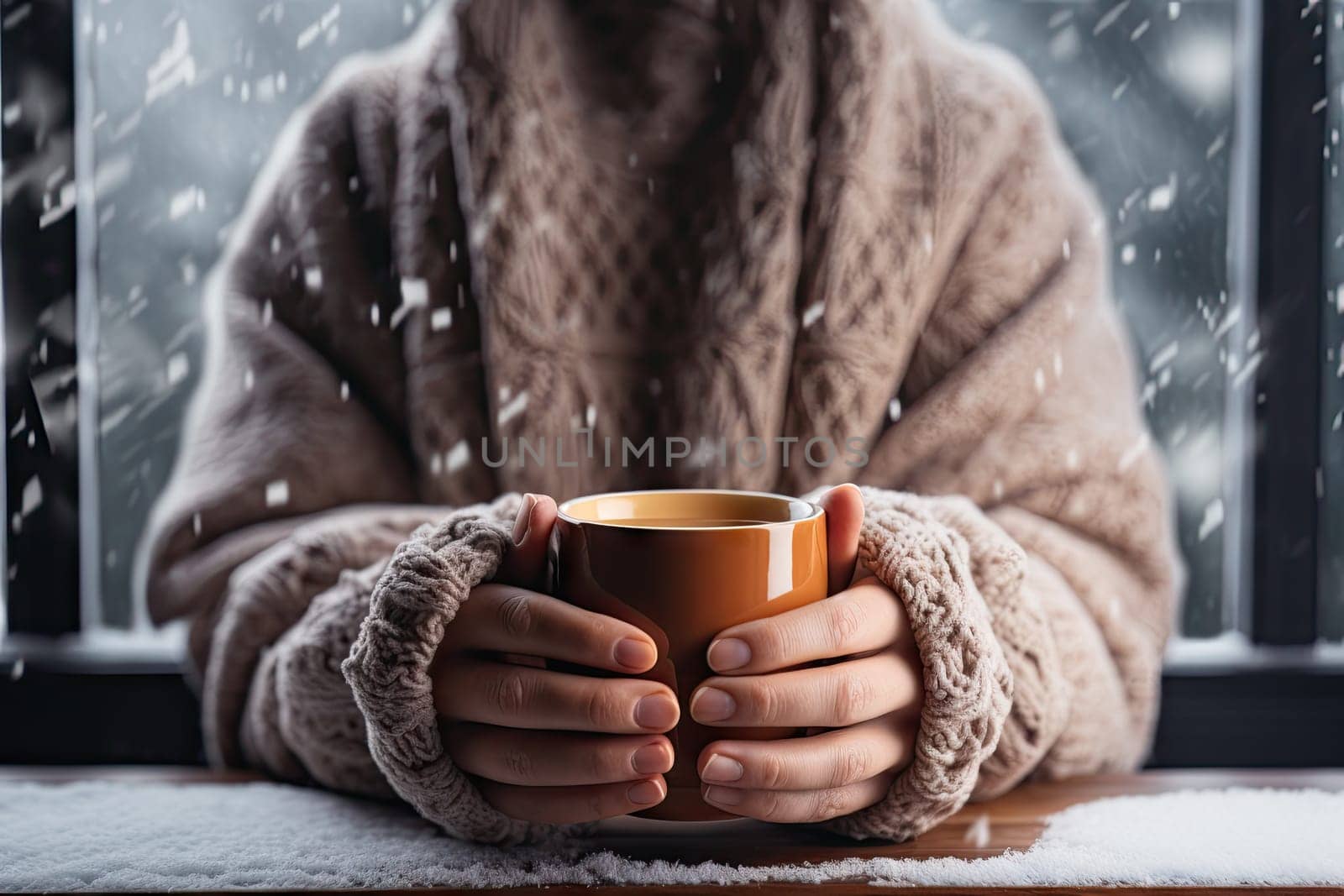 A person holding a cup of coffee in front of a window created with generative AI technology by golibtolibov