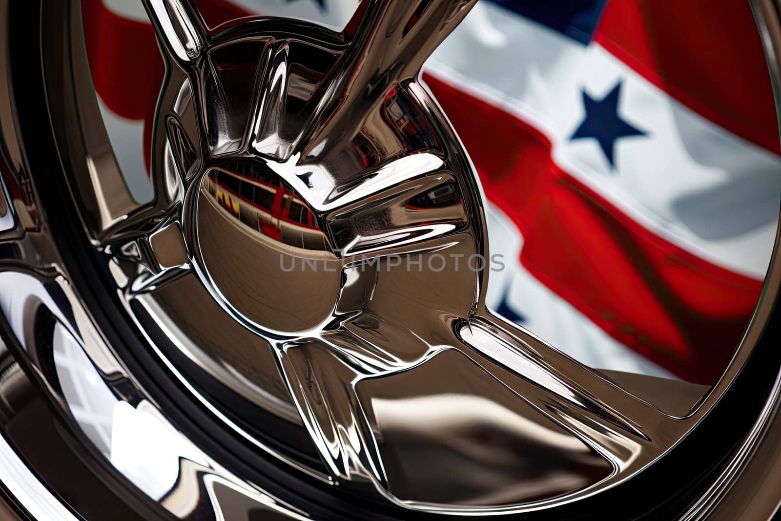 A Captivating Close-Up of a Tire with a Patriotic Flag in the Background Created With Generative AI Technology