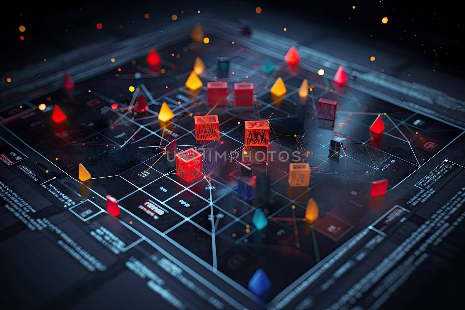 A Vibrant Cityscape: Captivating Aerial View of a Street with Lively Traffic Cones and Illuminated Lights