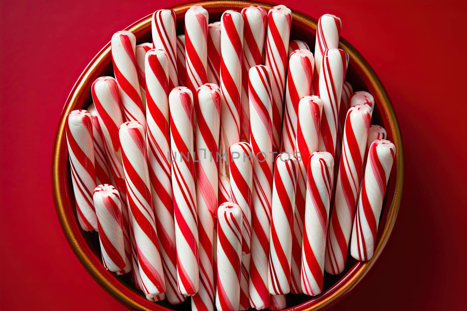 A Festive Delight: Bowl Overflowing with Colorful Candy Canes on Vibrant Red Background Created With Generative AI Technology