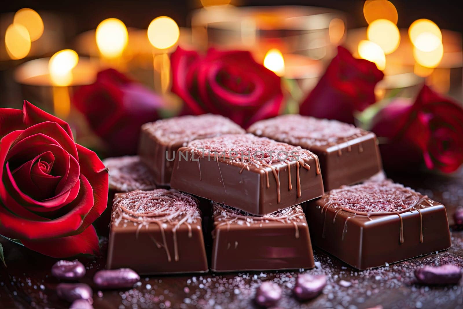 A table topped with chocolates and roses by golibtolibov