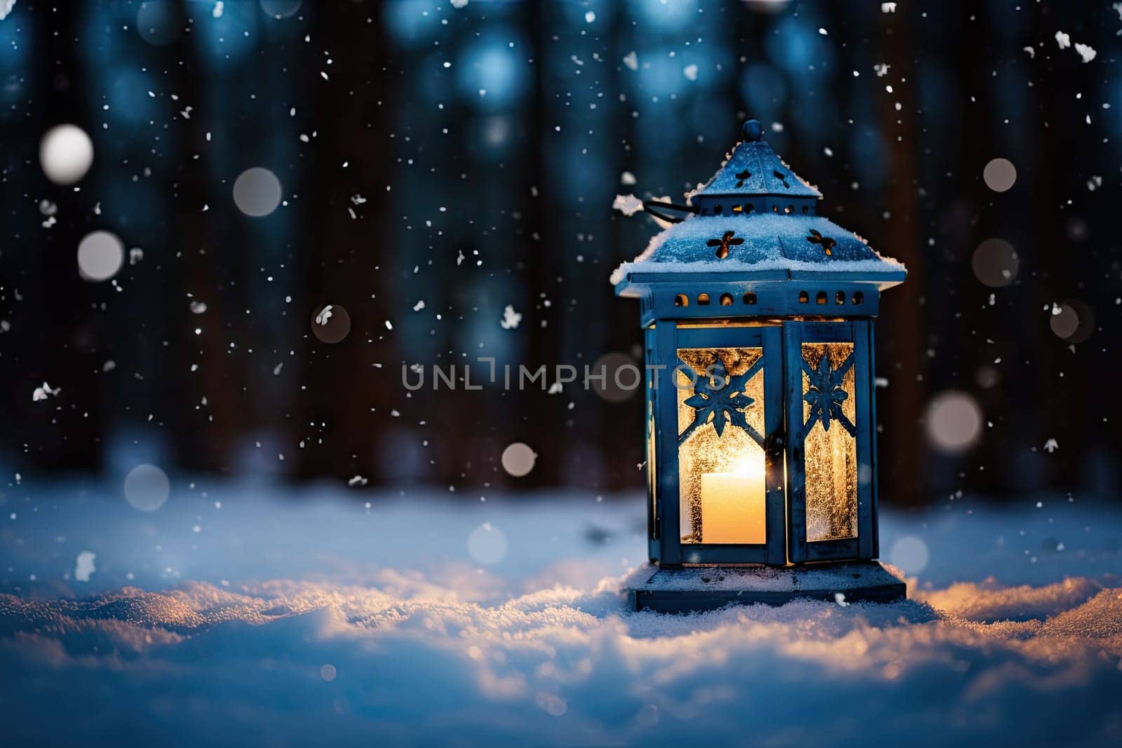 A Serene Winter Night: Illuminated Lantern Casting Warm Glow on Snowy Landscape Created With Generative AI Technology