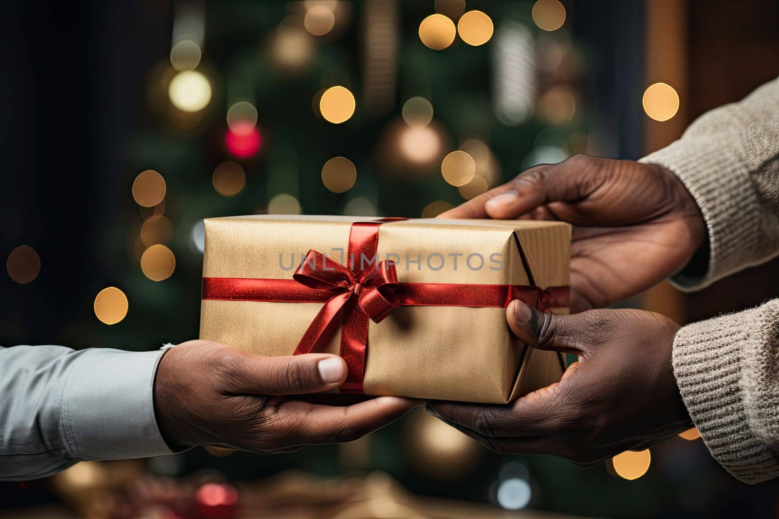The Joy of Giving: A Heartwarming Christmas Gift Exchange in Front of a Festive Tree Created With Generative AI Technology