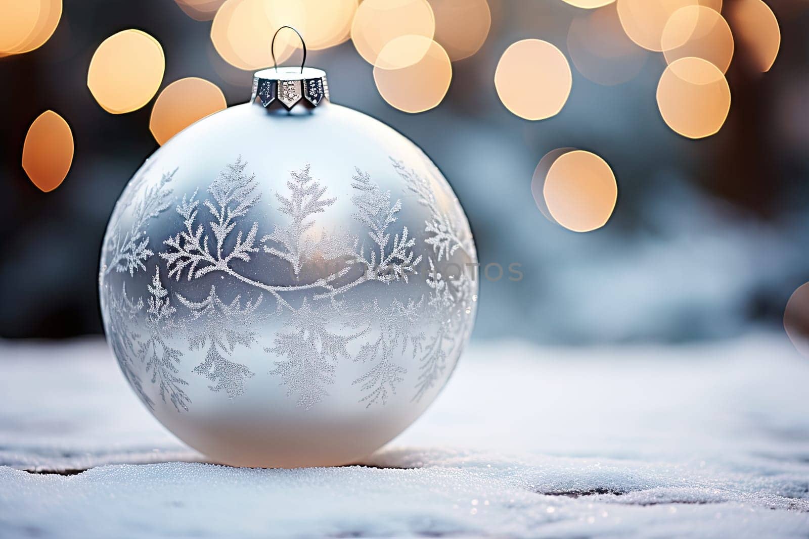 A Delicate Winter Wonderland: White Ornament Adorning a Wooden Table