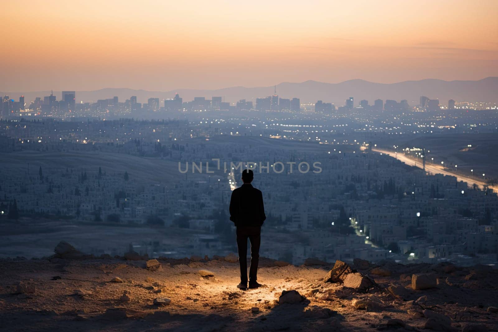 A person standing on top of a hill overlooking a city by golibtolibov
