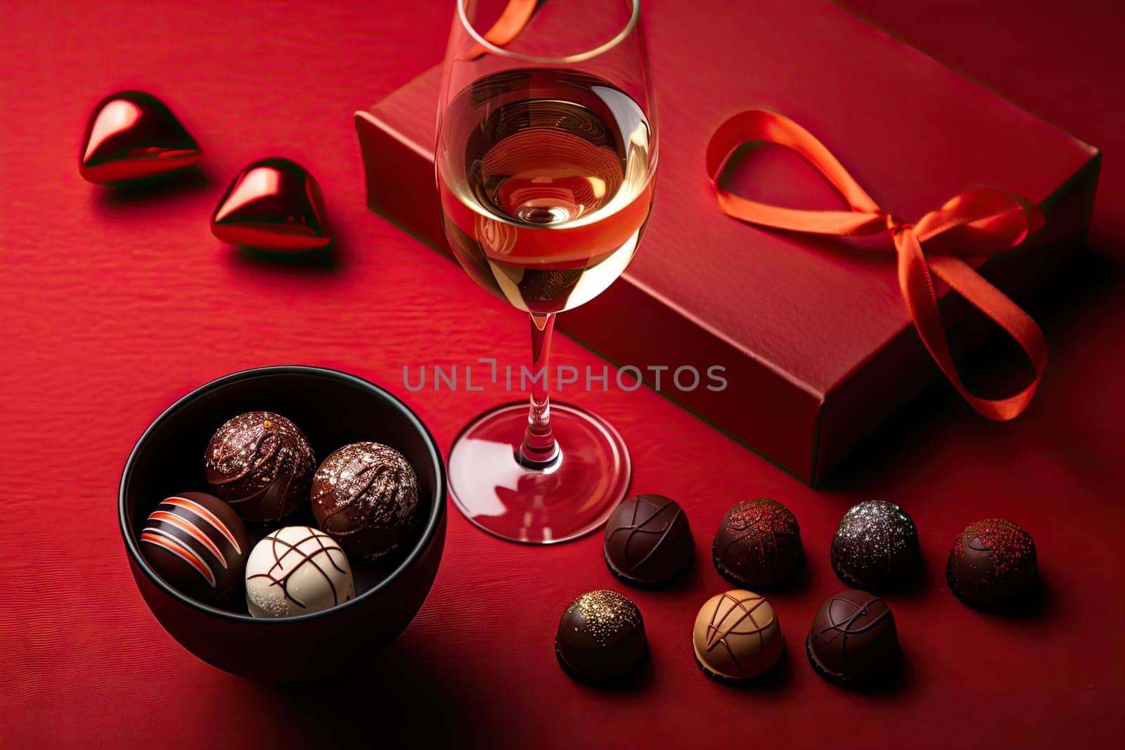 A glass of wine next to a box of chocolates created with generative AI technology by golibtolibov