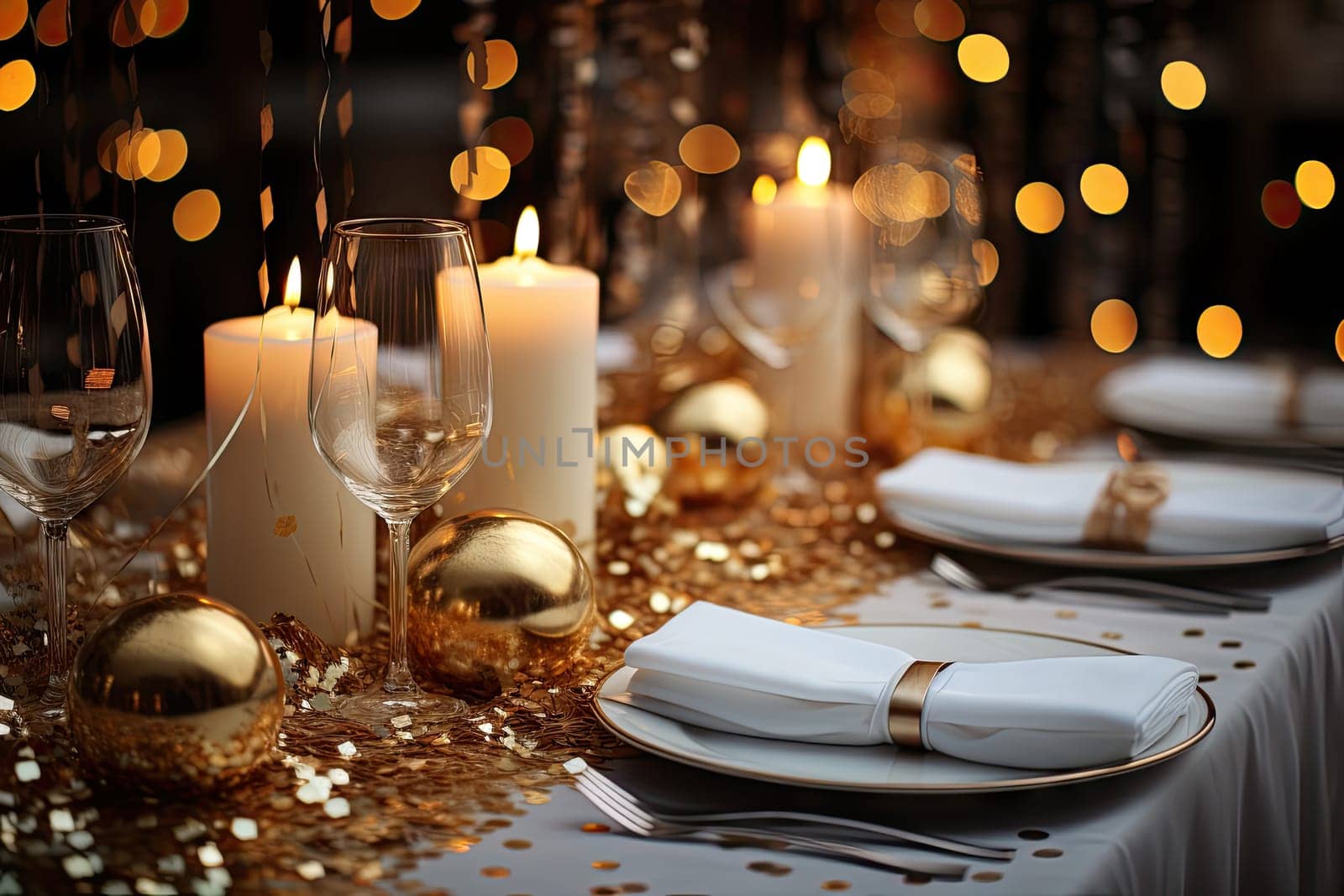 A table topped with lots of candles and plates by golibtolibov