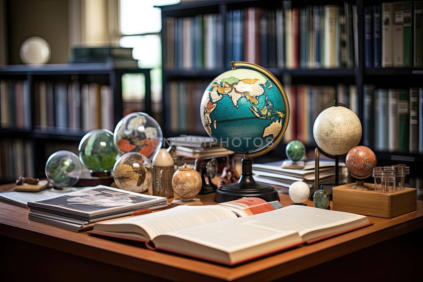 A desk topped with books and a globe on top of it created with generative AI technology by golibtolibov