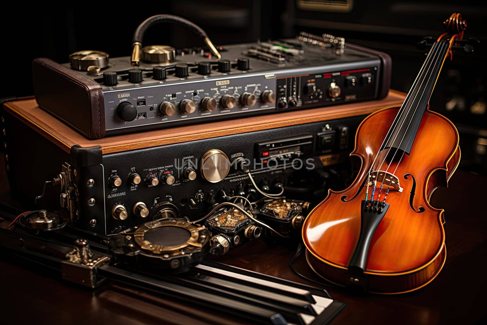 A violin sitting on top of a table next to a amp by golibtolibov