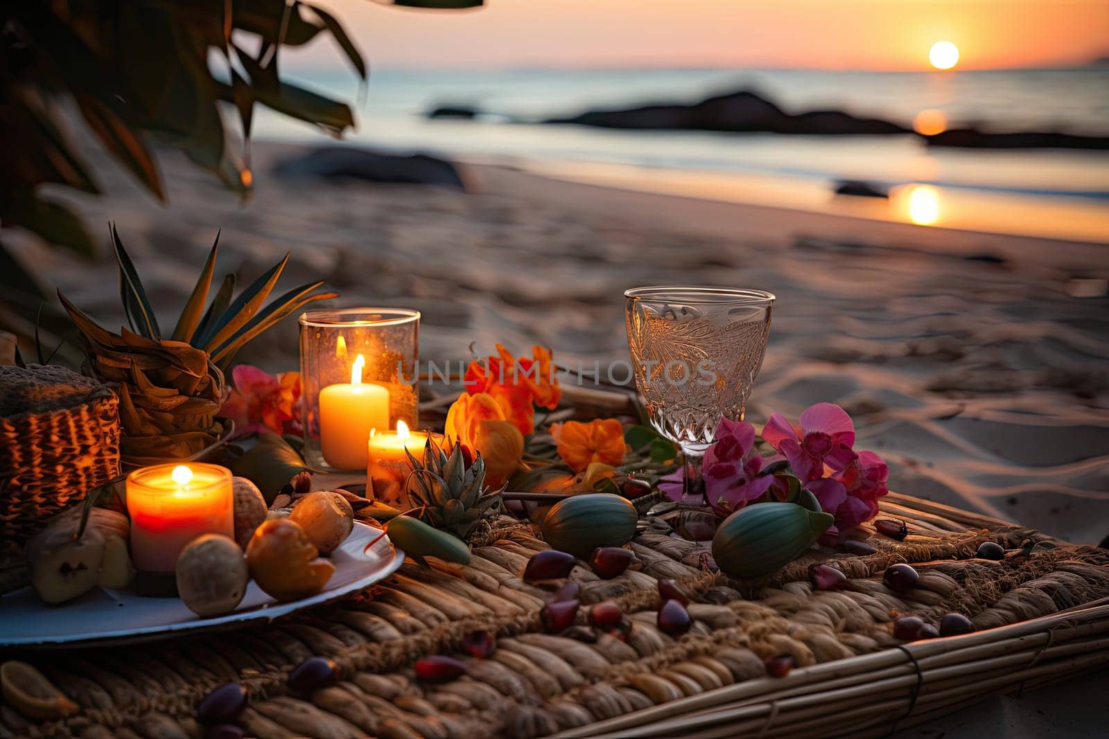A Serene Beach Scene: Candles Flickering Amongst Vibrant Flowers on a Tray Created With Generative AI Technology