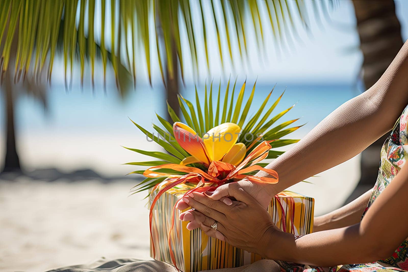 A woman sitting on a beach holding a gift by golibtolibov