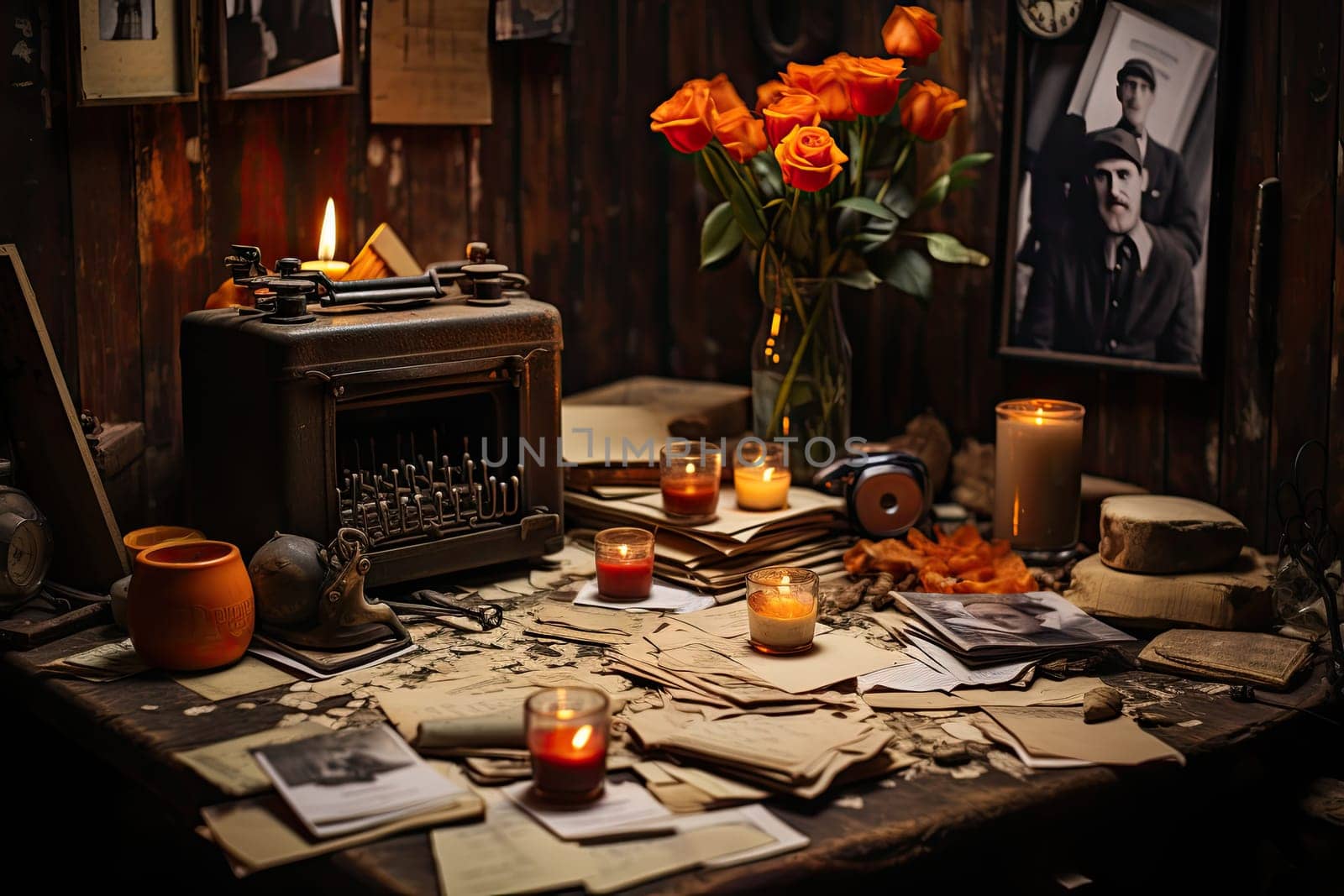 A table topped with lots of papers and candles by golibtolibov