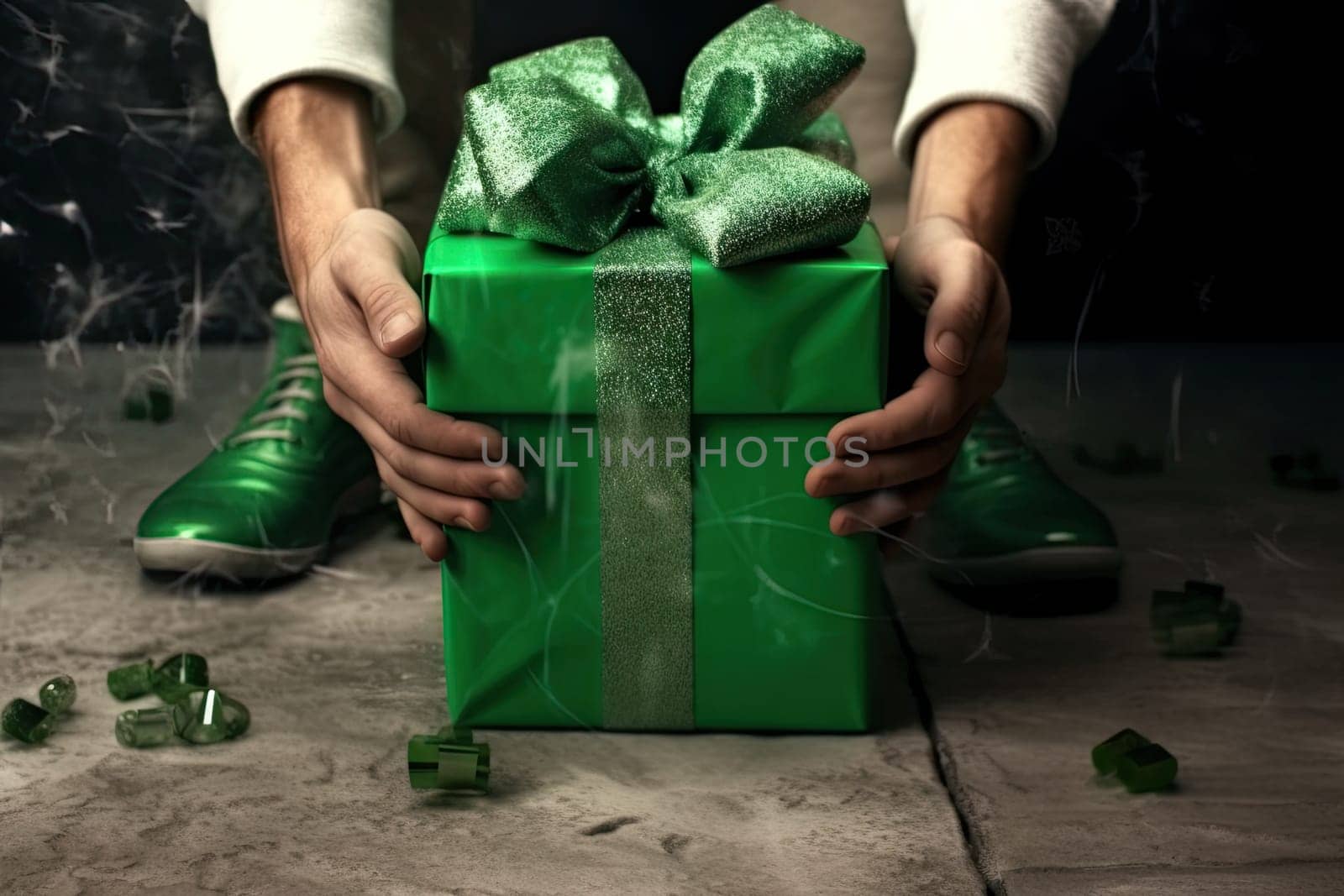A Joyful Surprise: Man Holding Vibrant Green Present Box with Curiosity and Excitement