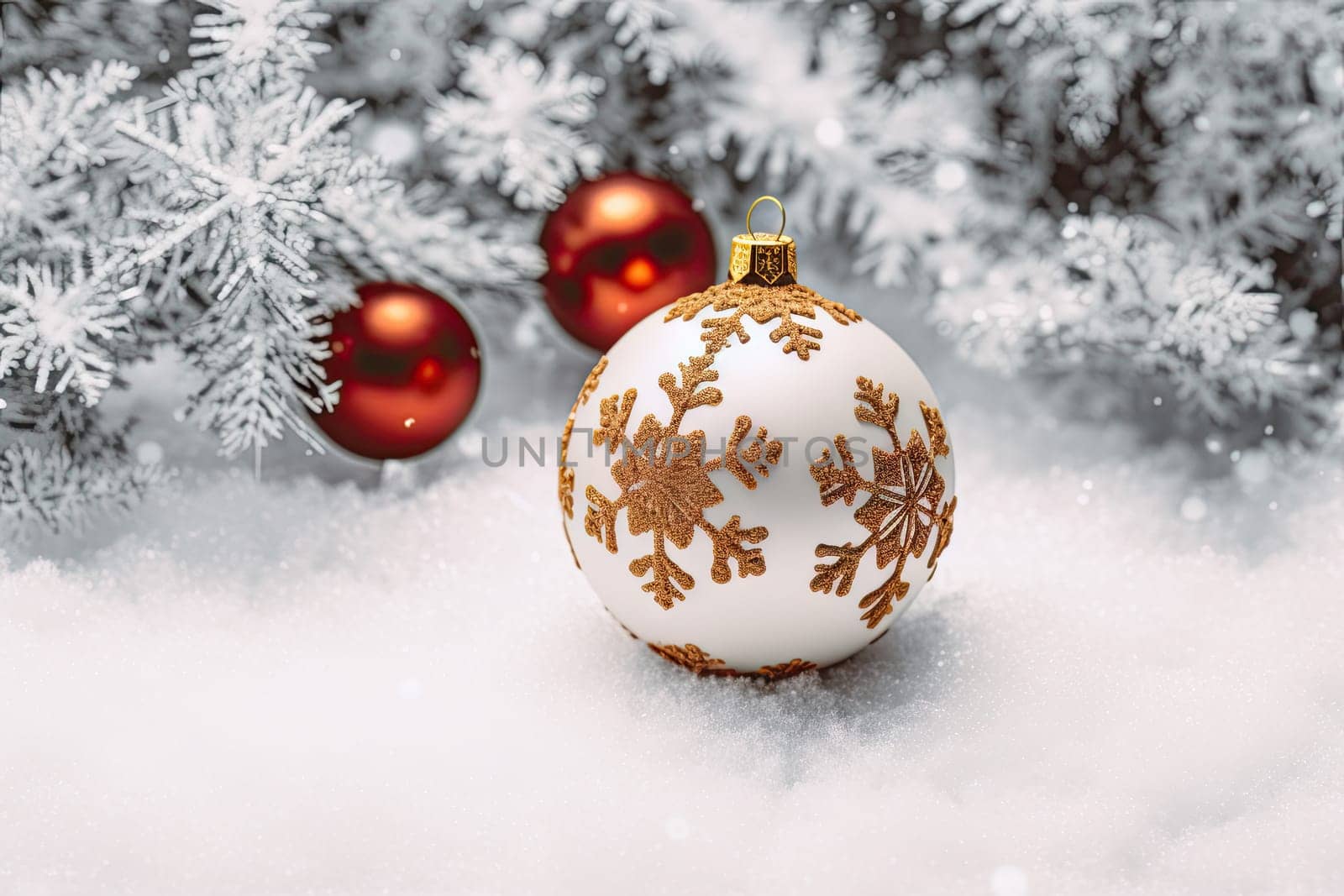 A white and gold christmas ornament in the snow by golibtolibov