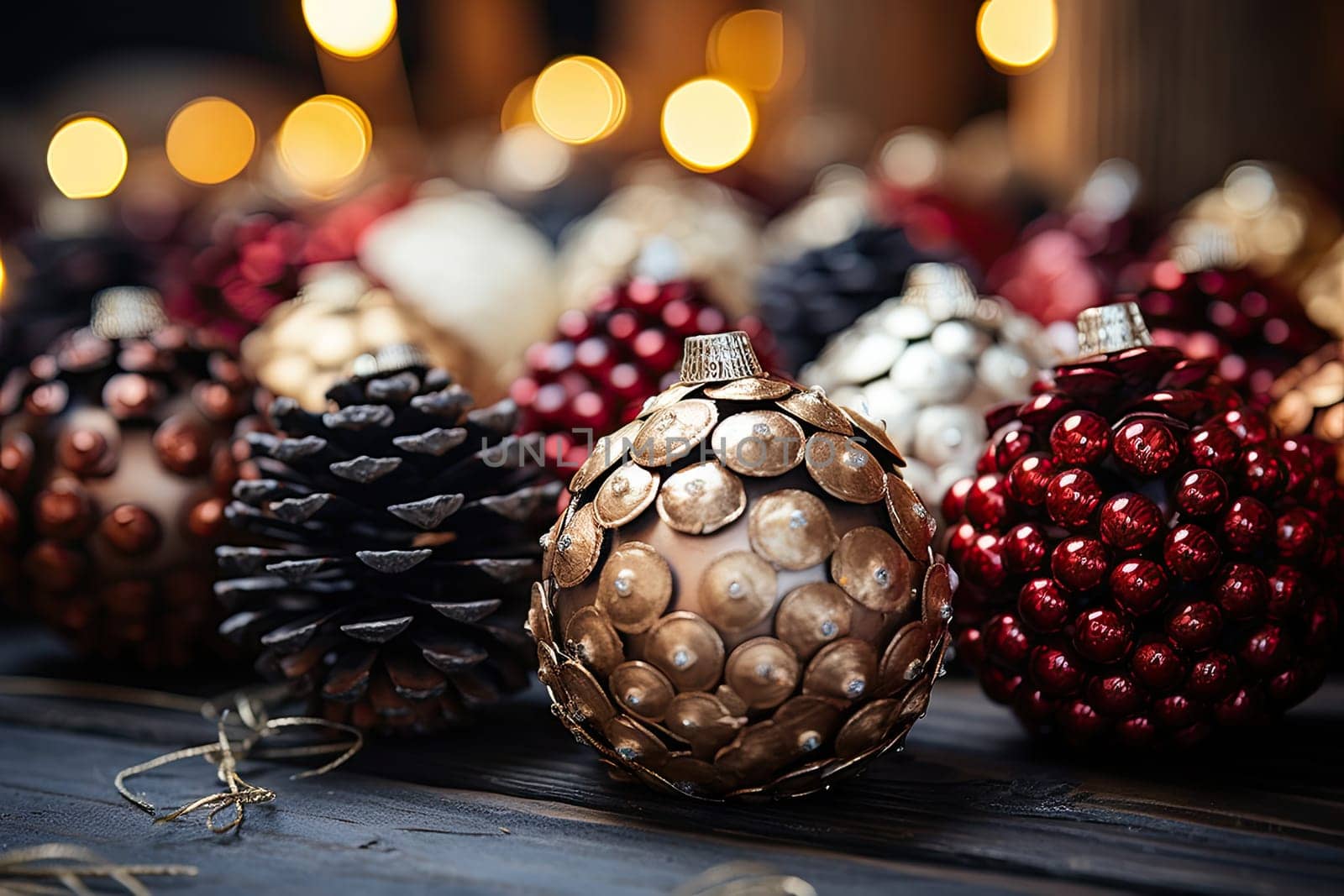 A group of christmas ornaments sitting on top of a table created with generative AI technology by golibtolibov