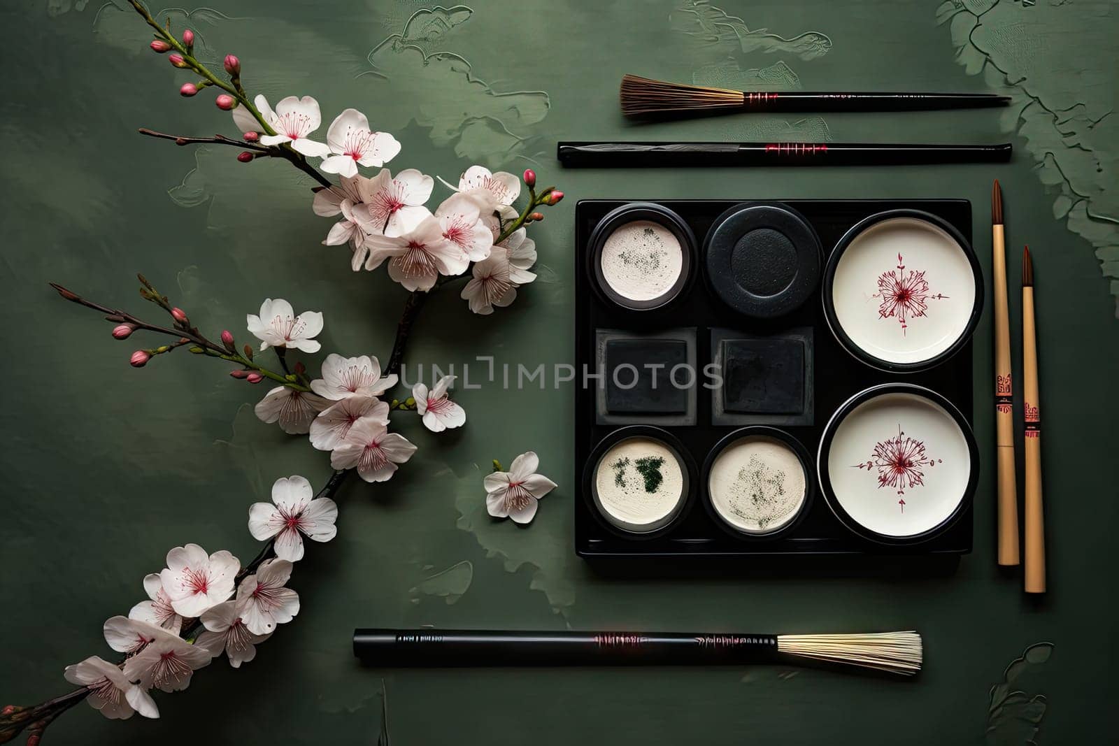 A green table topped with white plates and flowers by golibtolibov