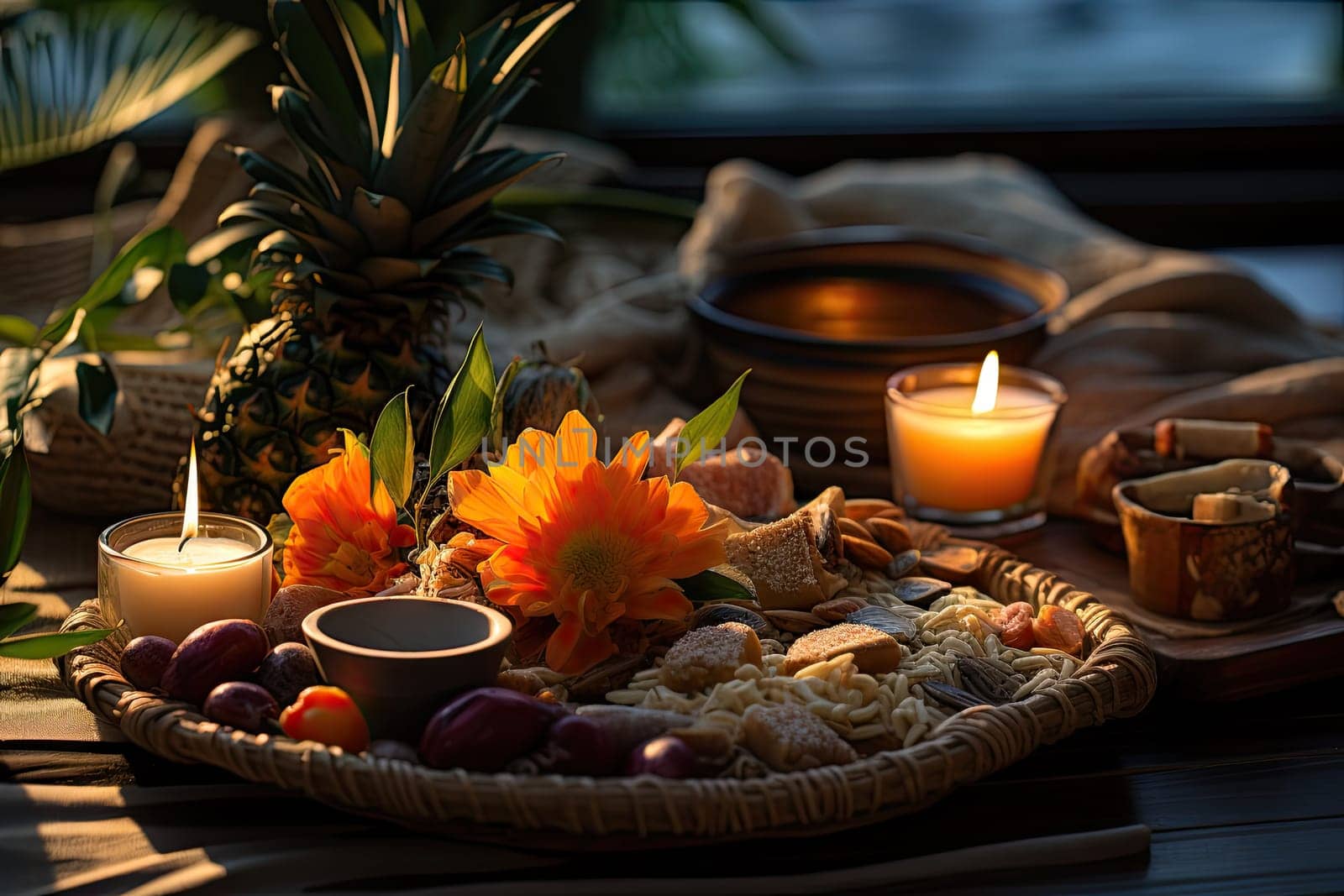 A tray of food with candles and flowers on it created with generative AI technology by golibtolibov