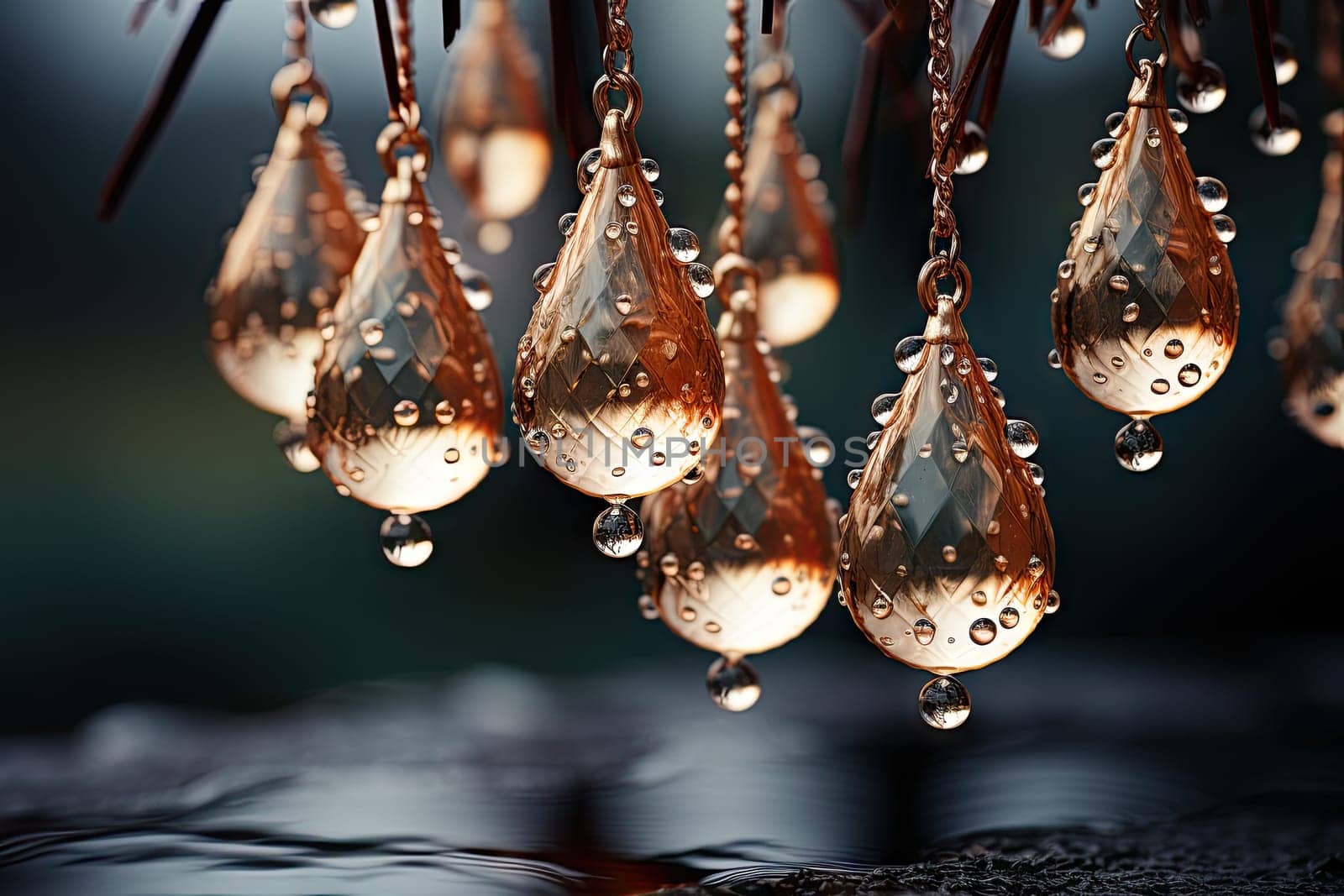 A bunch of water drops hanging from a tree branch created with generative AI technology by golibtolibov