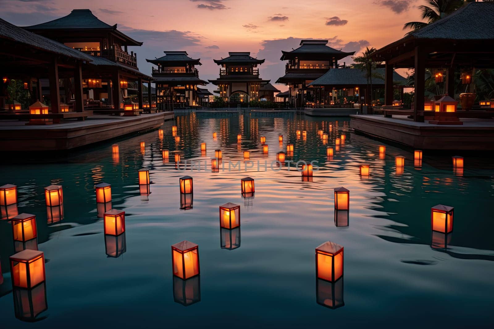 Many lanterns floating in the water at dusk by golibtolibov