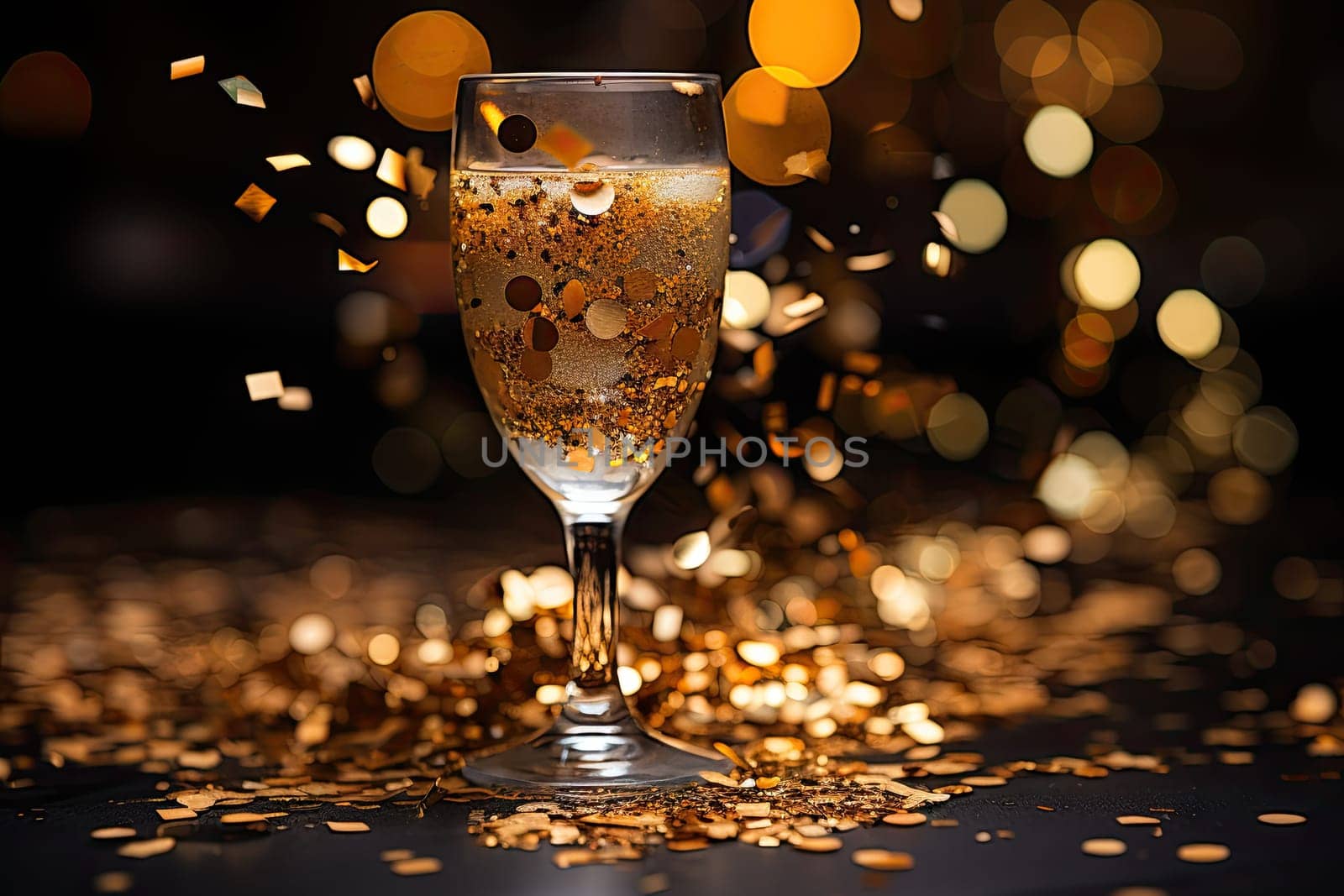 A Sparkling Celebration: Glass Filled With Liquid and Shimmering Gold Confetti