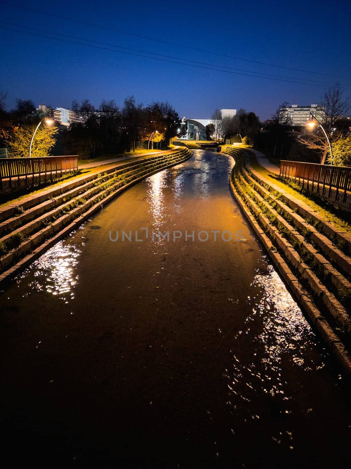 Panoramic view of autumn night in the city park of Ovar, Portugal.