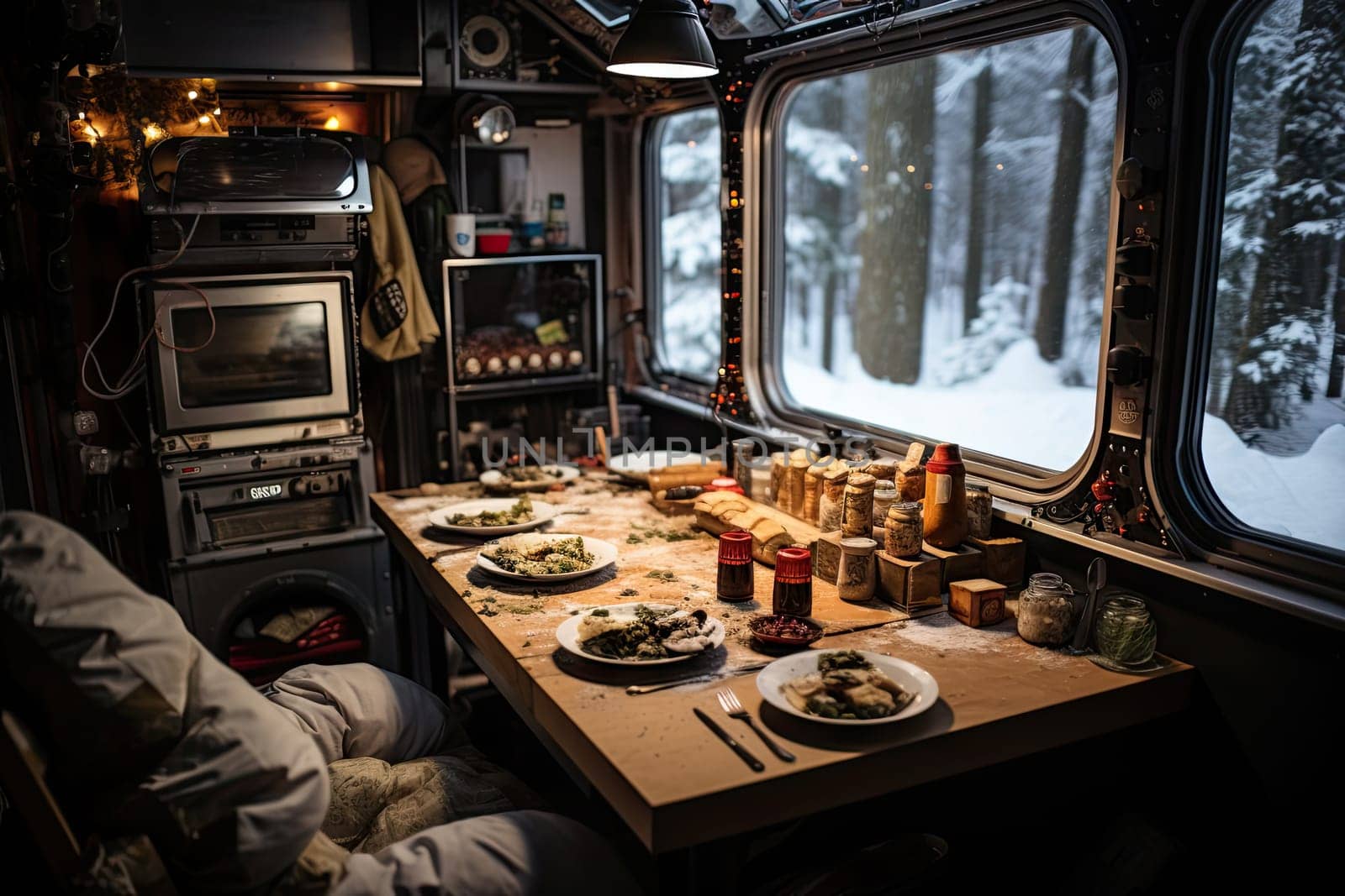 A Delicious Feast on the Road: A Table Set with Mouthwatering Food in a Camper