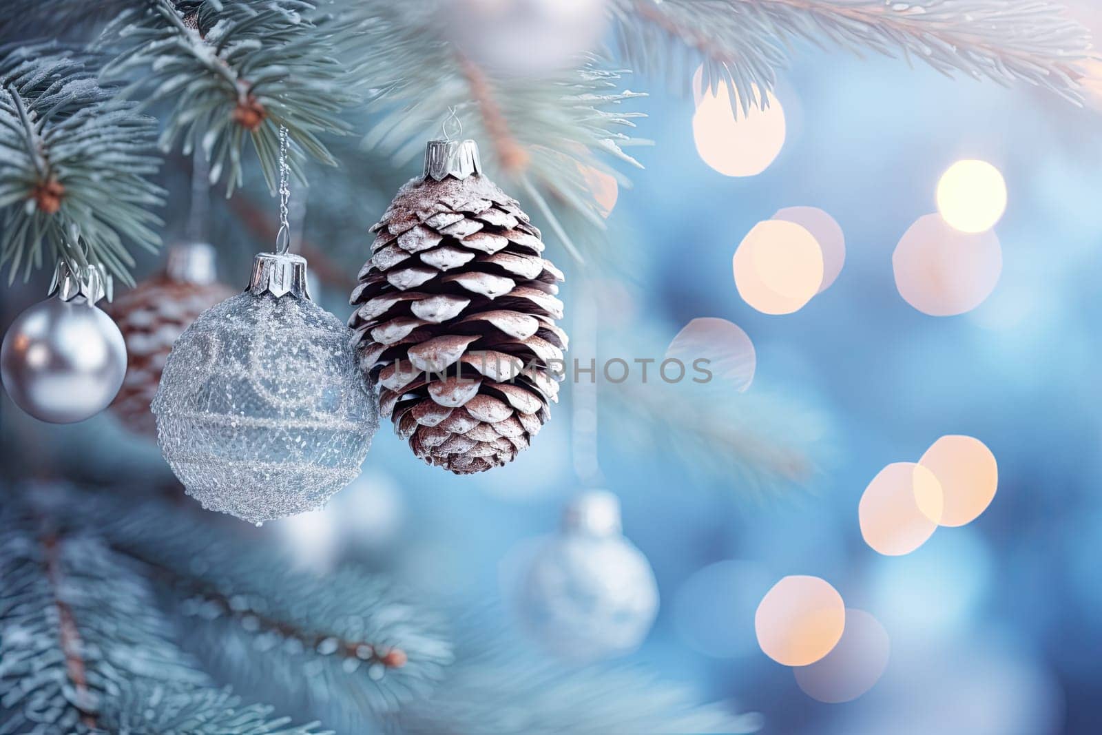 A pine cone hanging from a christmas tree created with generative AI technology by golibtolibov