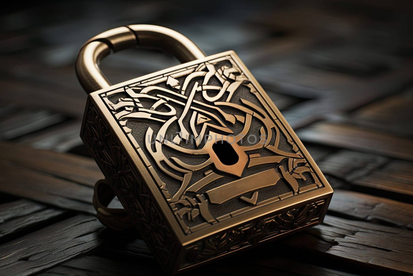 A golden lock on a wooden surface created with generative AI technology by golibtolibov