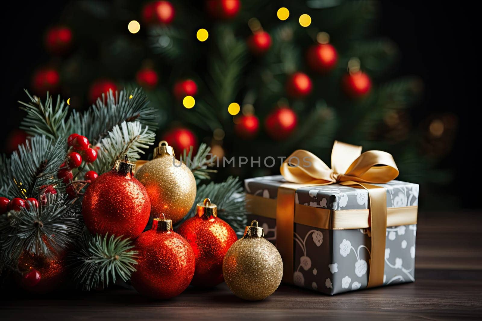 A christmas tree with presents in front of it created with generative AI technology by golibtolibov