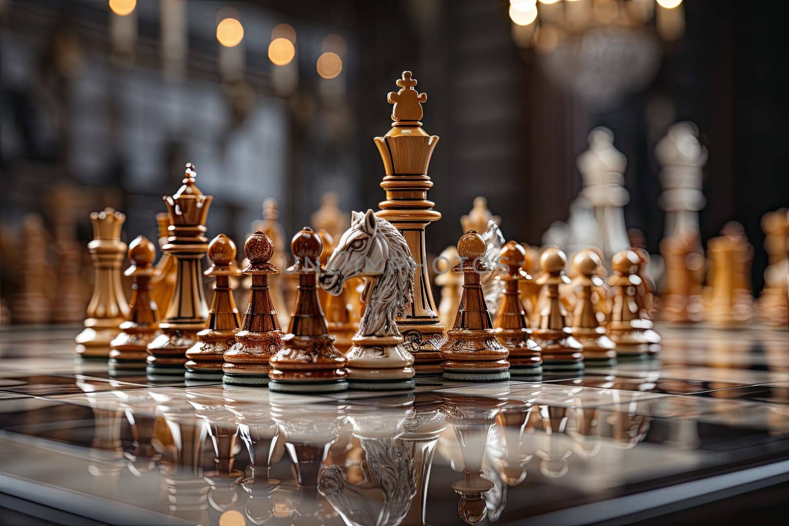 The Battle of Kings: A Stunning Chess Board with Exquisite Chess Set Pieces Created With Generative AI Technology