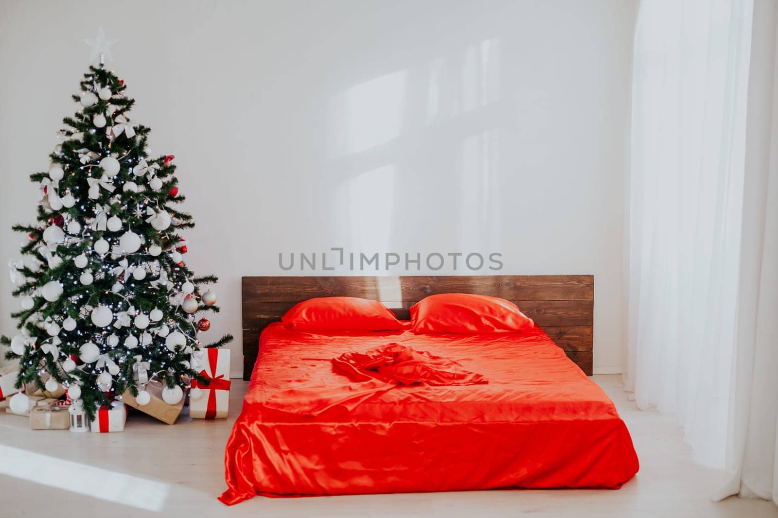 new year Christmas white room with red decoration Christmas tree 2018 2019