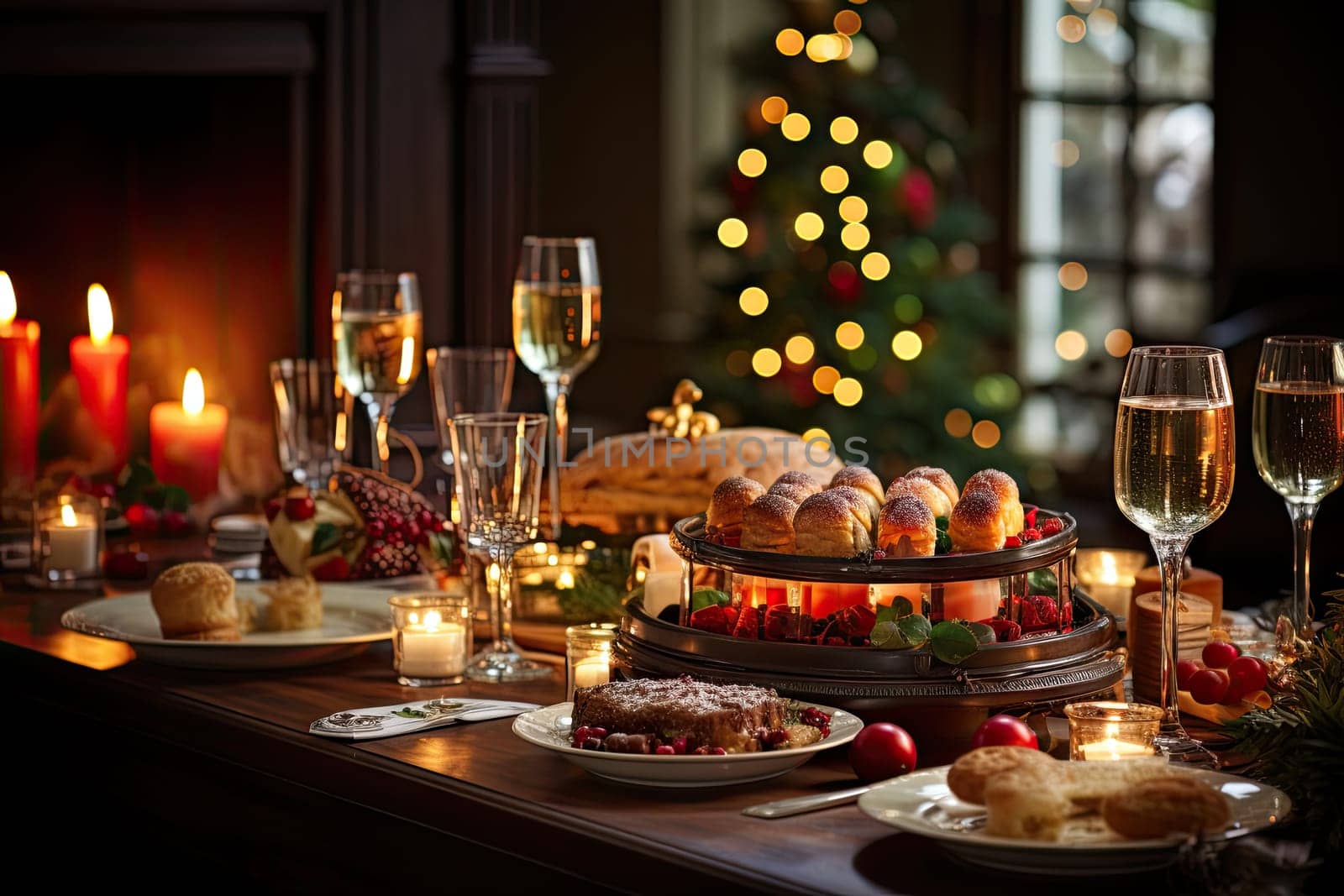 A Festive Holiday Dinner Table Set with Candles, Delicious Food, and Warm Atmosphere