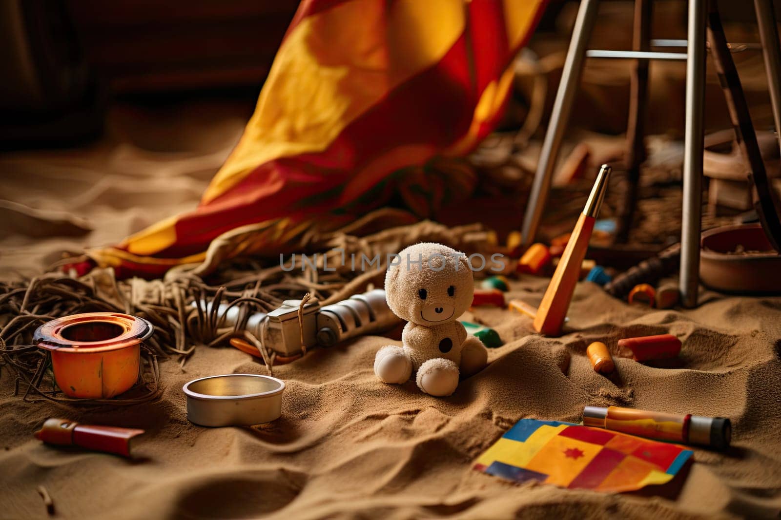 A stuffed animal sitting on top of a sandy beach created with generative AI technology by golibtolibov