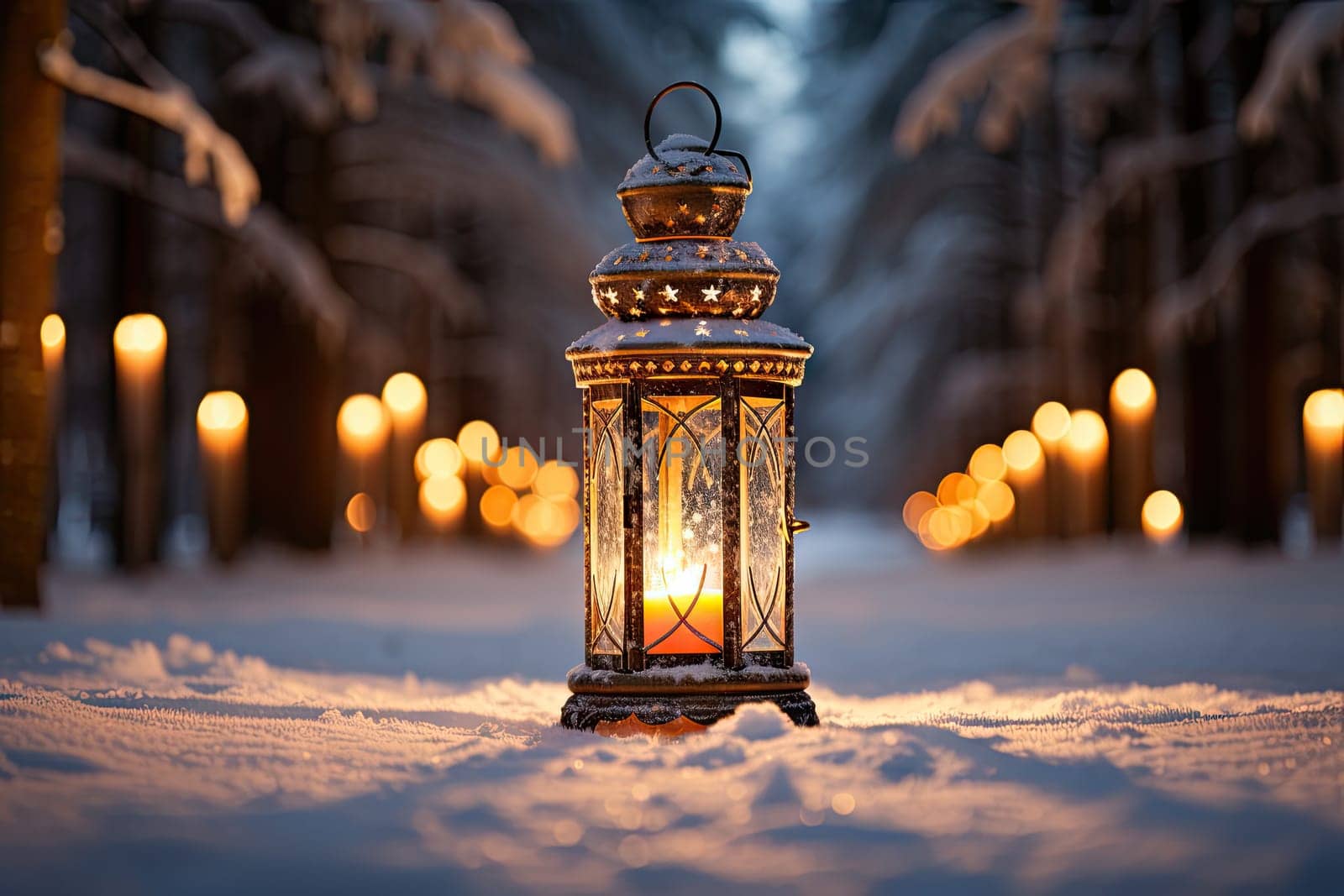 A Serene Winter Night: A Lantern Illuminating a Snowy Path in the Forest at Dusk