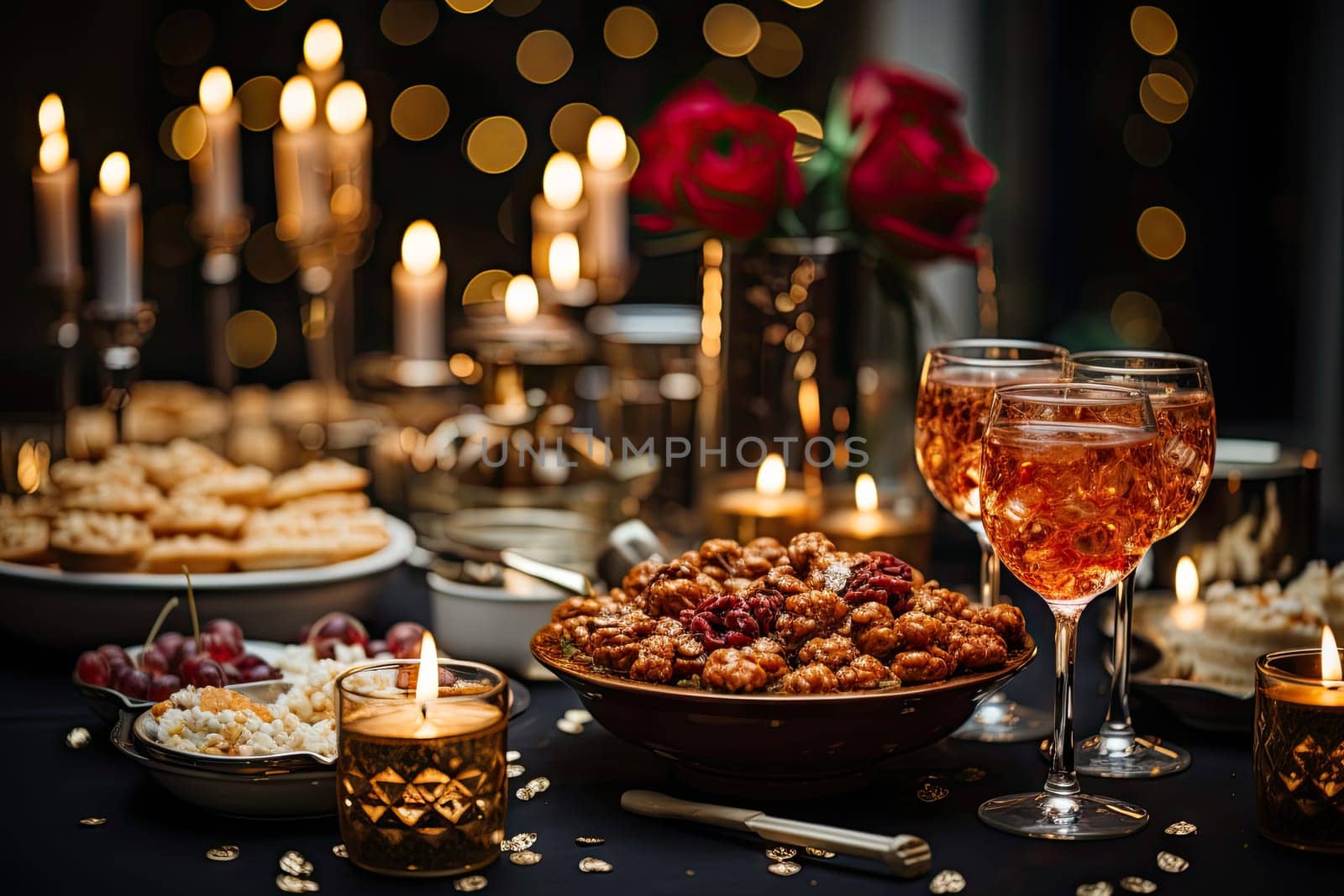 A table topped with plates of food and candles by golibtolibov